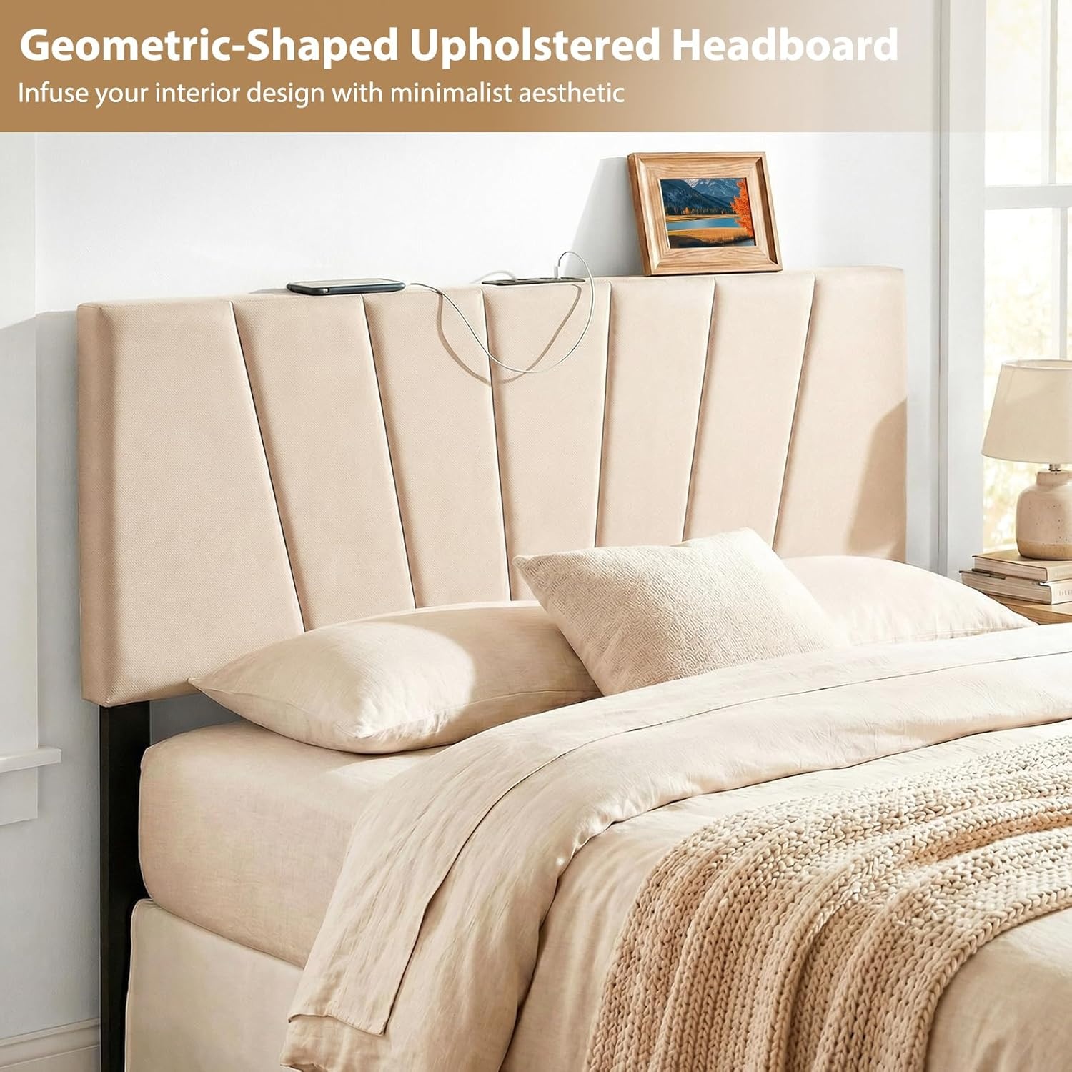 image:imageGiantex Headboard with Charging Station QueenFull Size Tufted Upholstered Head Board w2 AC Outlets USB amp TypeC Ports Rubber Wood Legs Width Adjustable Modern Bed Headboard Only GreyBeige