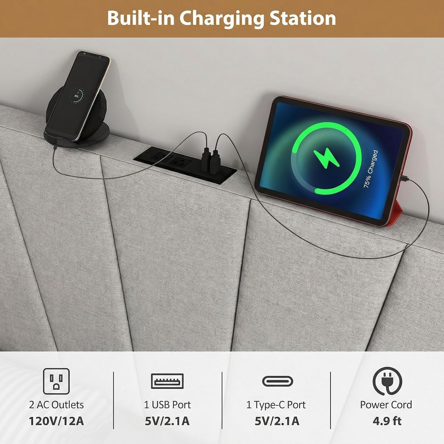 image:imageGiantex Headboard with Charging Station QueenFull Size Tufted Upholstered Head Board w2 AC Outlets USB amp TypeC Ports Rubber Wood Legs Width Adjustable Modern Bed Headboard Only GreyGray