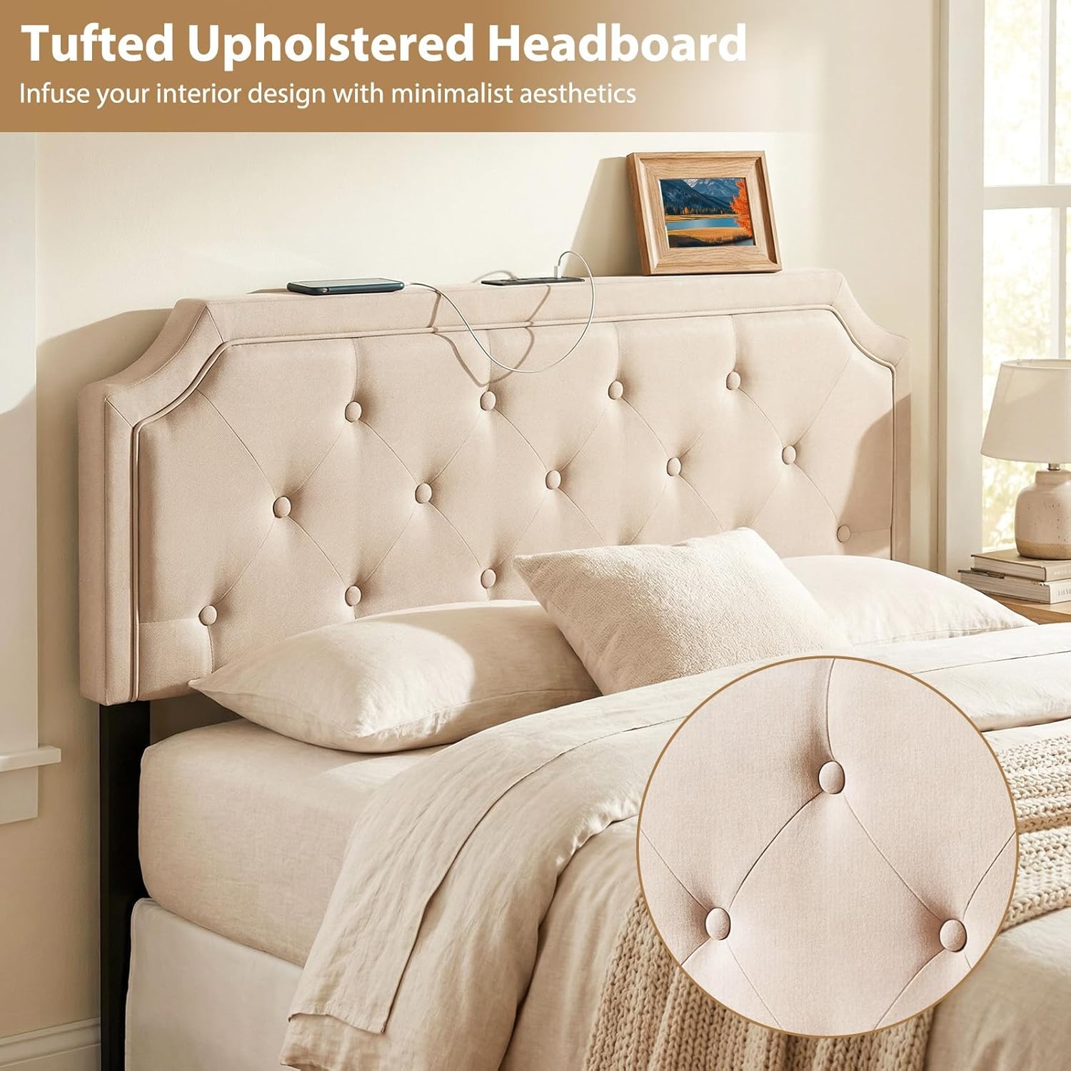 image:imageGiantex Headboard with Charging Station QueenFull Size Tufted Upholstered Head Board w2 AC Outlets USB amp TypeC Ports Rubber Wood Legs Width Adjustable Modern Bed Headboard Only GreyBeige