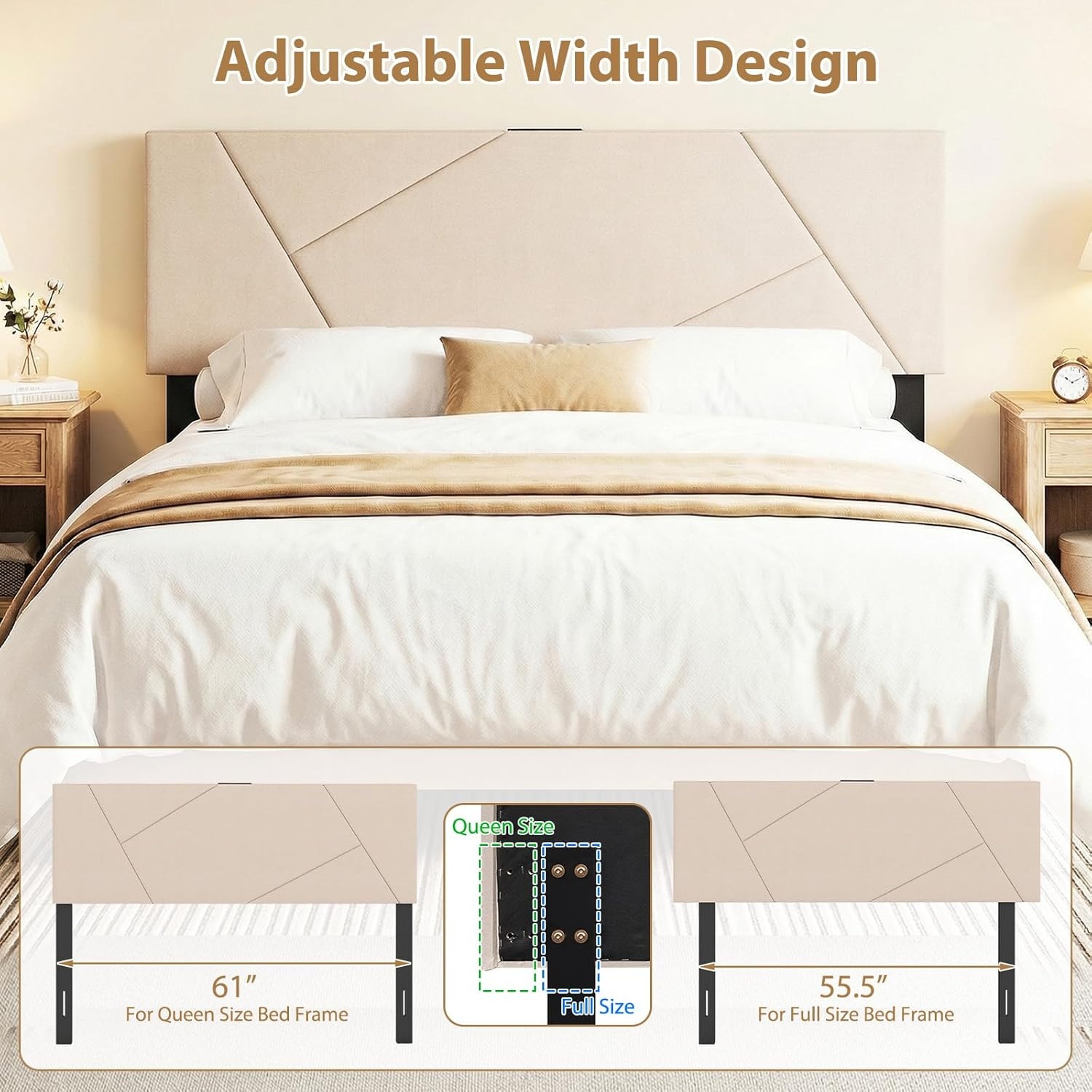 image:imageGiantex Headboard with Charging Station QueenFull Size Tufted Upholstered Head Board w2 AC Outlets USB amp TypeC Ports Rubber Wood Legs Width Adjustable Modern Bed Headboard Only GreyBeige