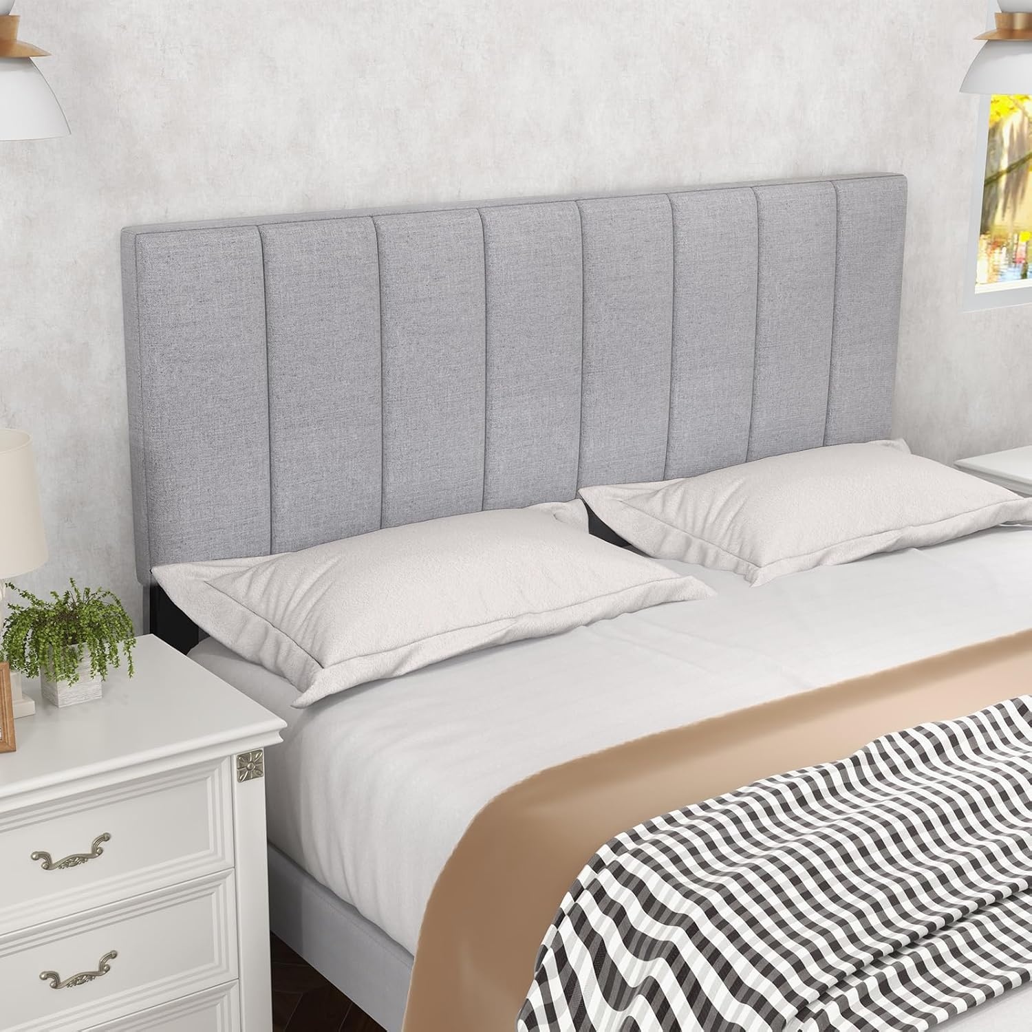 image:imageGiantex Headboard with Charging Station QueenFull Size Tufted Upholstered Head Board w2 AC Outlets USB amp TypeC Ports Rubber Wood Legs Width Adjustable Modern Bed Headboard Only GreyGray