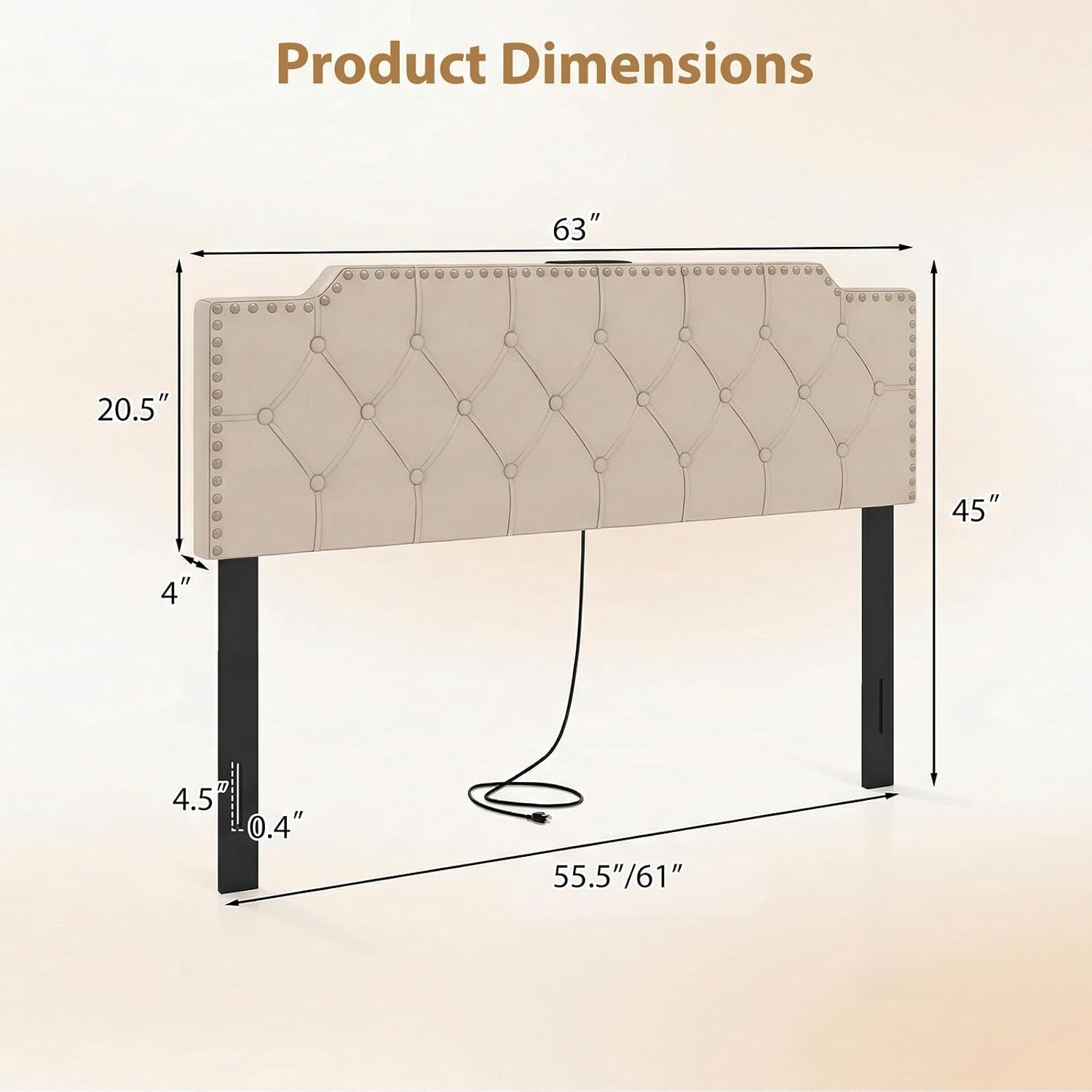 image:imageGiantex Headboard with Charging Station QueenFull Size Tufted Upholstered Head Board w2 AC Outlets USB amp TypeC Ports Rubber Wood Legs Width Adjustable Modern Bed Headboard Only GreyBeige