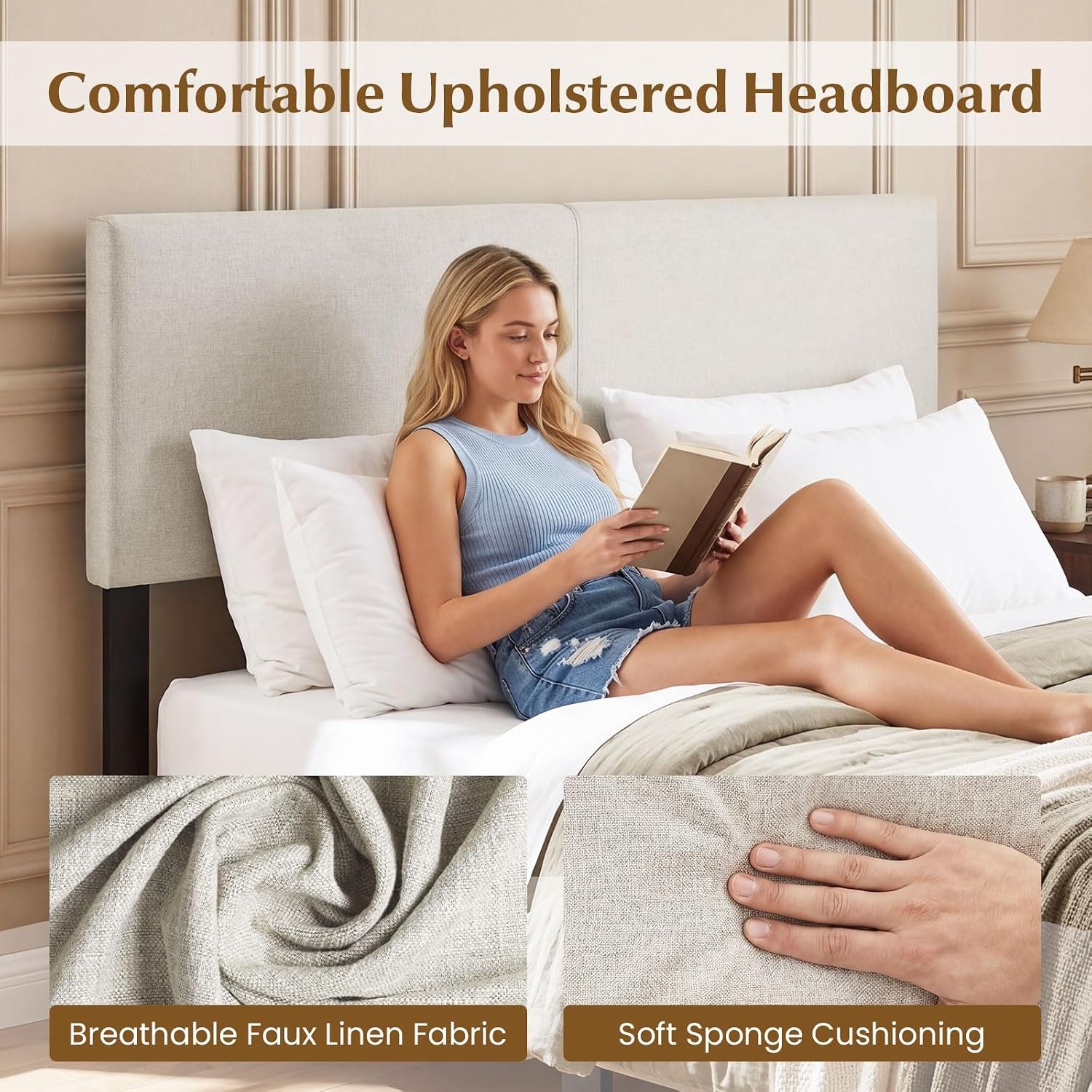 image:imageGiantex Headboard with Charging Station QueenFull Size Tufted Upholstered Head Board w2 AC Outlets USB amp TypeC Ports Rubber Wood Legs Width Adjustable Modern Bed Headboard Only GreyBeige