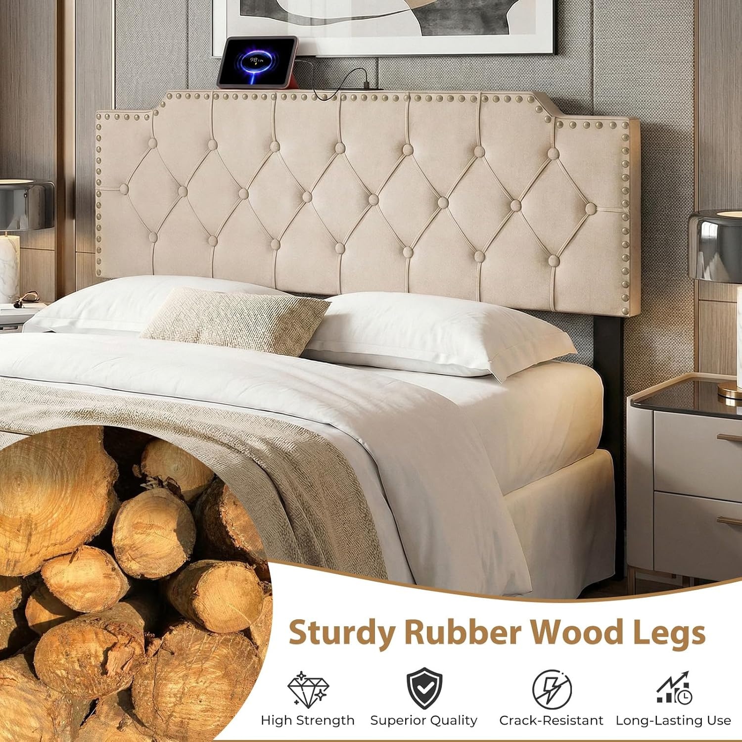 image:imageGiantex Headboard with Charging Station QueenFull Size Tufted Upholstered Head Board w2 AC Outlets USB amp TypeC Ports Rubber Wood Legs Width Adjustable Modern Bed Headboard Only GreyBeige