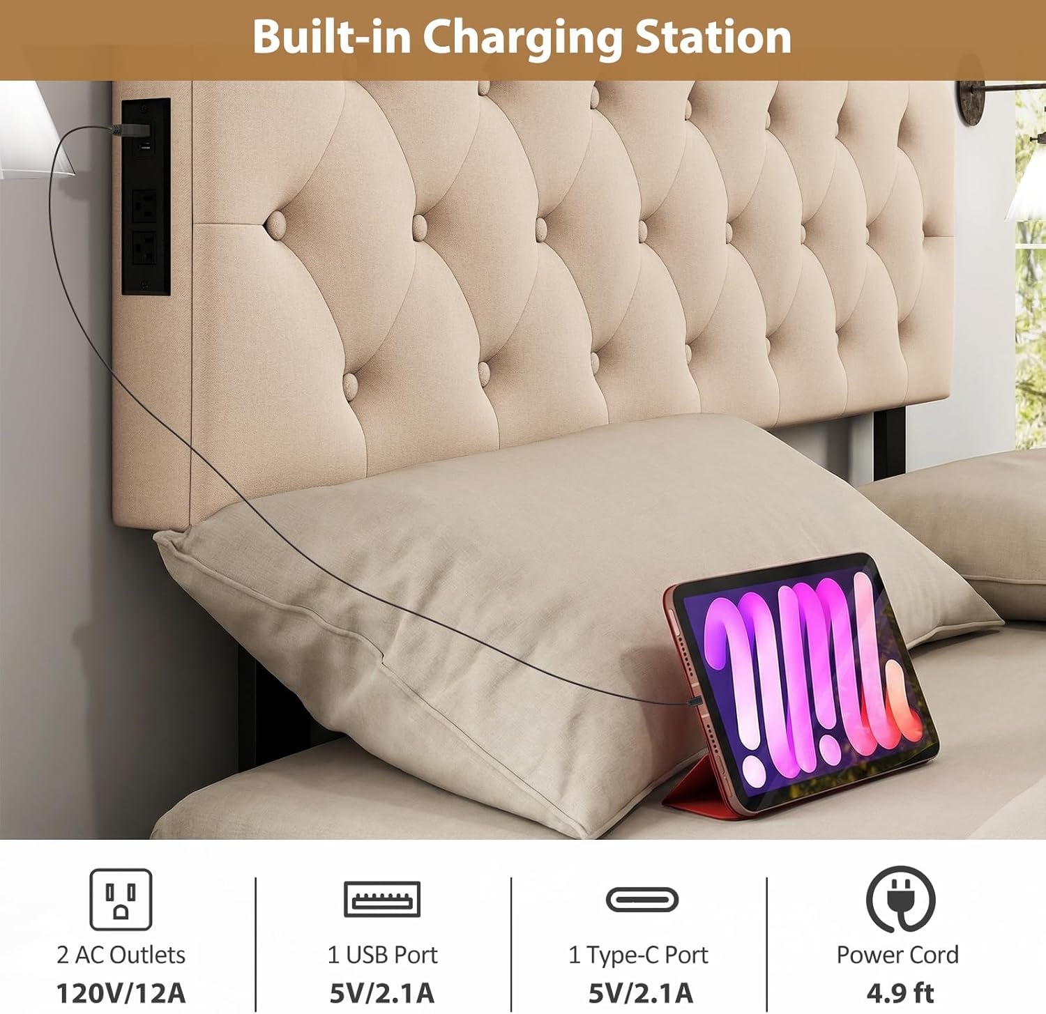 image:imageGiantex Headboard with Charging Station QueenFull Size Tufted Upholstered Head Board w2 AC Outlets USB amp TypeC Ports Rubber Wood Legs Width Adjustable Modern Bed Headboard Only GreyBeige