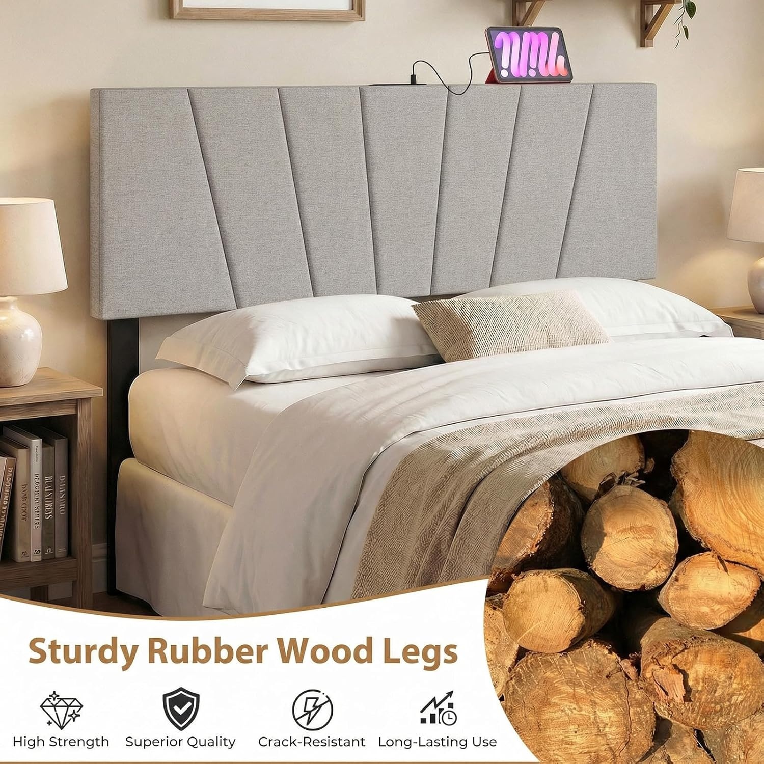 image:imageGiantex Headboard with Charging Station QueenFull Size Tufted Upholstered Head Board w2 AC Outlets USB amp TypeC Ports Rubber Wood Legs Width Adjustable Modern Bed Headboard Only GreyGray