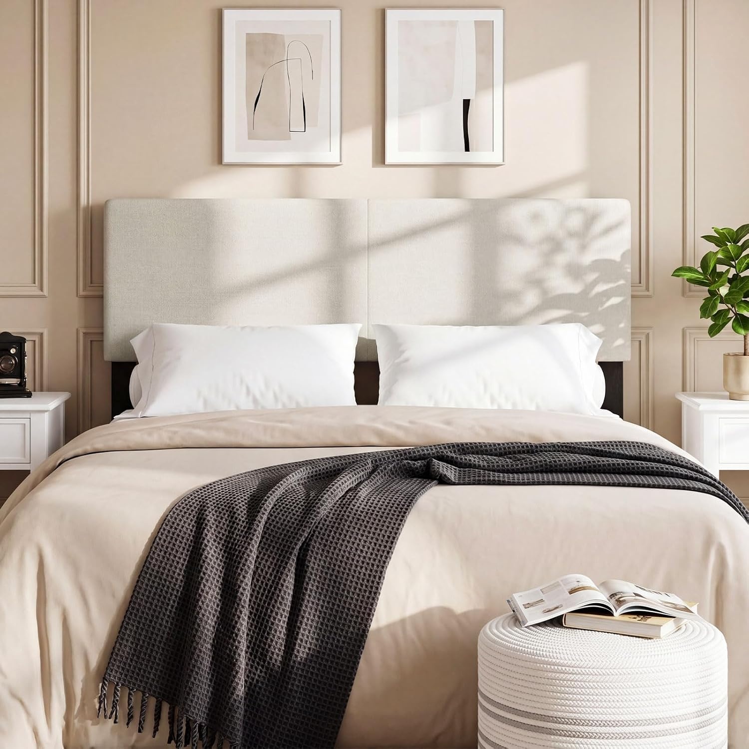 image:imageGiantex Headboard with Charging Station QueenFull Size Tufted Upholstered Head Board w2 AC Outlets USB amp TypeC Ports Rubber Wood Legs Width Adjustable Modern Bed Headboard Only GreyBeige