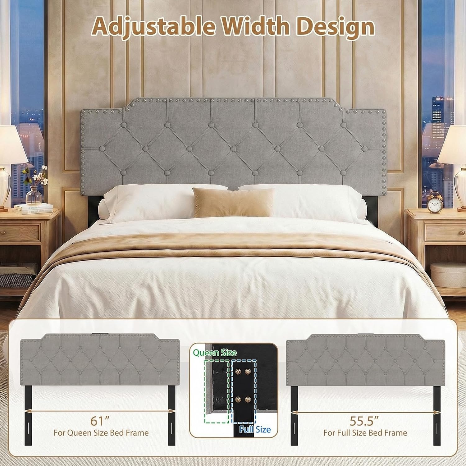 image:imageGiantex Headboard with Charging Station QueenFull Size Tufted Upholstered Head Board w2 AC Outlets USB amp TypeC Ports Rubber Wood Legs Width Adjustable Modern Bed Headboard Only GreyGray