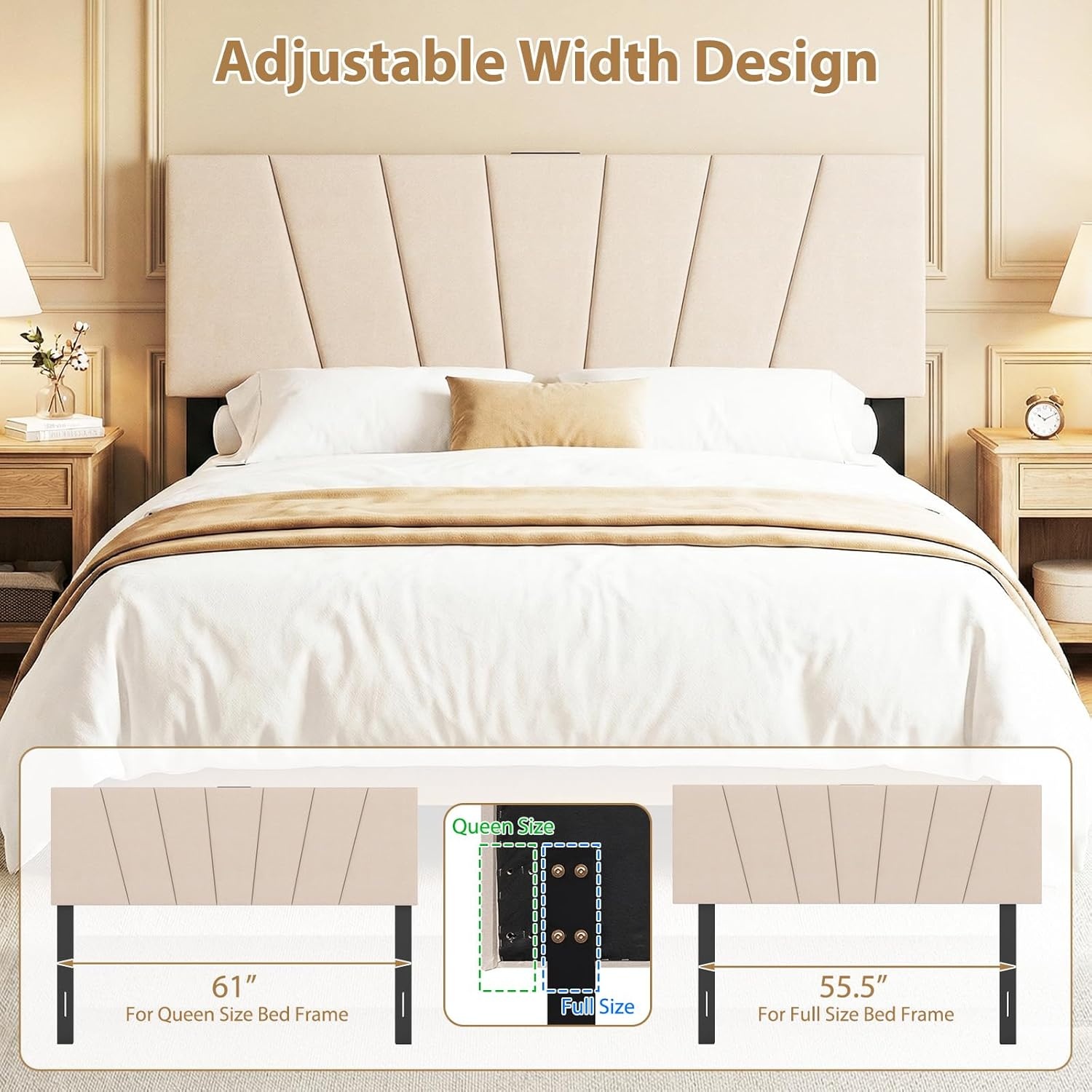 image:imageGiantex Headboard with Charging Station QueenFull Size Tufted Upholstered Head Board w2 AC Outlets USB amp TypeC Ports Rubber Wood Legs Width Adjustable Modern Bed Headboard Only GreyBeige