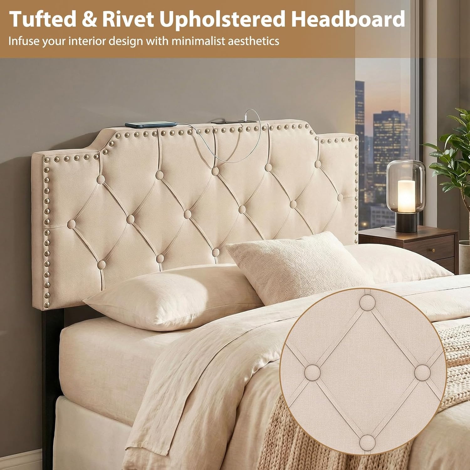 image:imageGiantex Headboard with Charging Station QueenFull Size Tufted Upholstered Head Board w2 AC Outlets USB amp TypeC Ports Rubber Wood Legs Width Adjustable Modern Bed Headboard Only GreyBeige