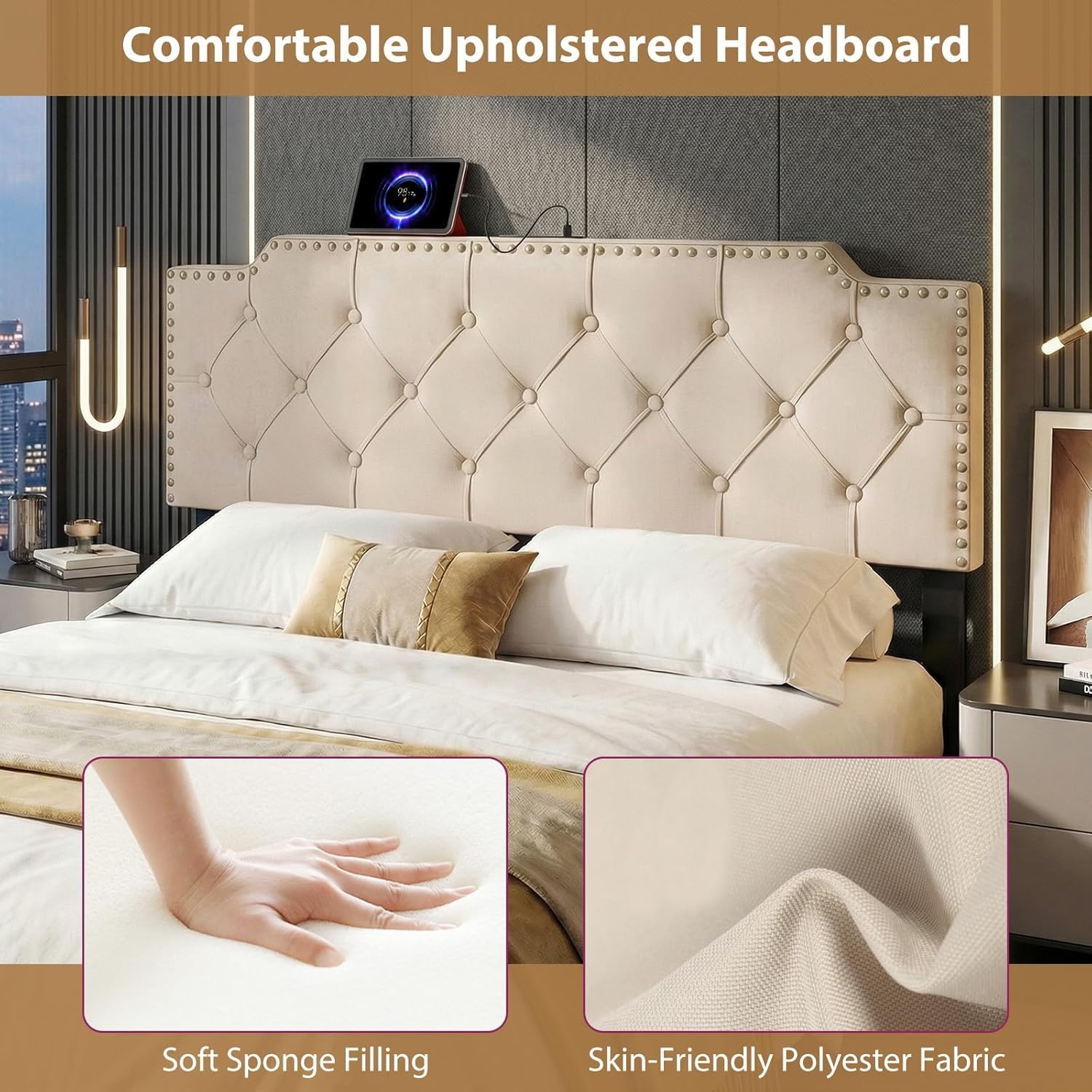 image:imageGiantex Headboard with Charging Station QueenFull Size Tufted Upholstered Head Board w2 AC Outlets USB amp TypeC Ports Rubber Wood Legs Width Adjustable Modern Bed Headboard Only GreyBeige