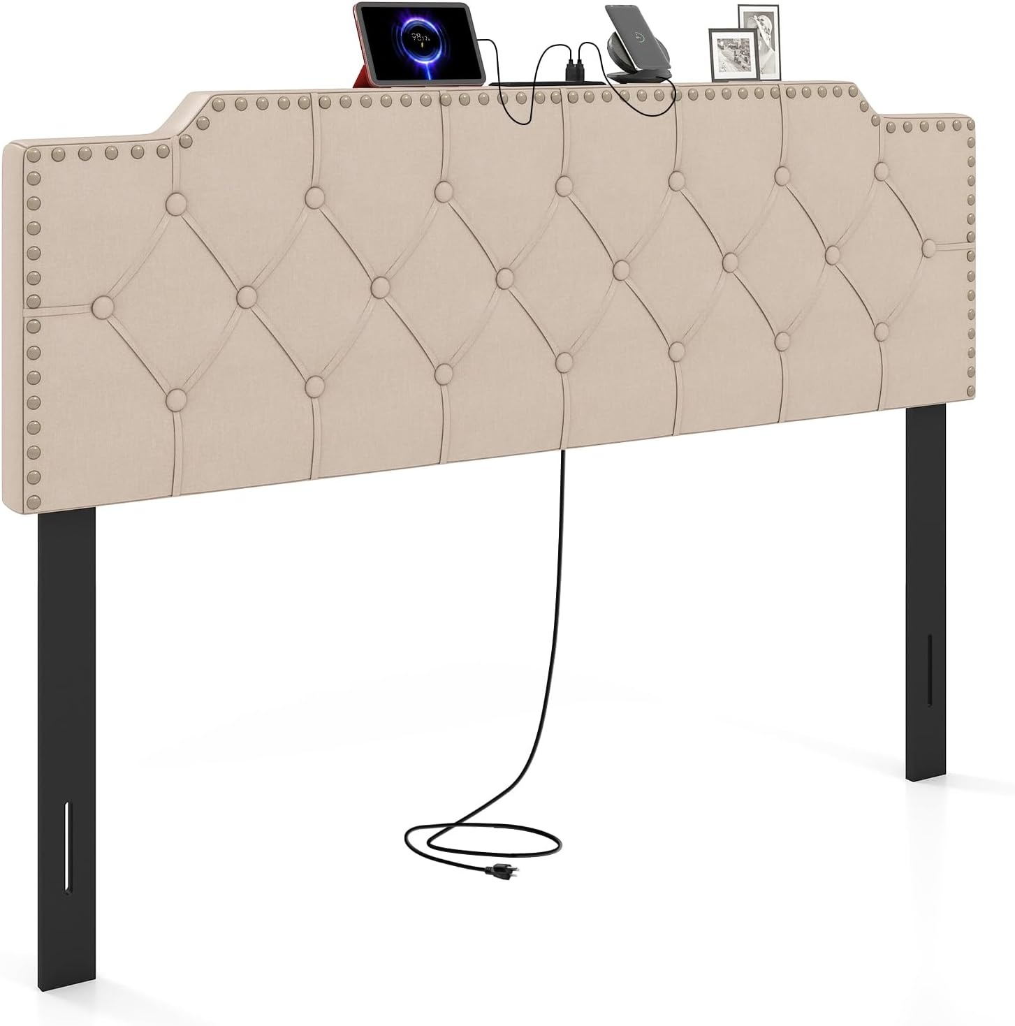 image:imageGiantex Headboard with Charging Station QueenFull Size Tufted Upholstered Head Board w2 AC Outlets USB amp TypeC Ports Rubber Wood Legs Width Adjustable Modern Bed Headboard Only GreyBeige