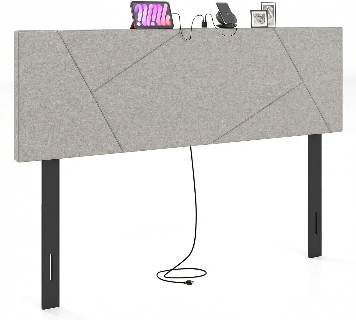 image:imageGiantex Headboard with Charging Station QueenFull Size Tufted Upholstered Head Board w2 AC Outlets USB amp TypeC Ports Rubber Wood Legs Width Adjustable Modern Bed Headboard Only GreyGray