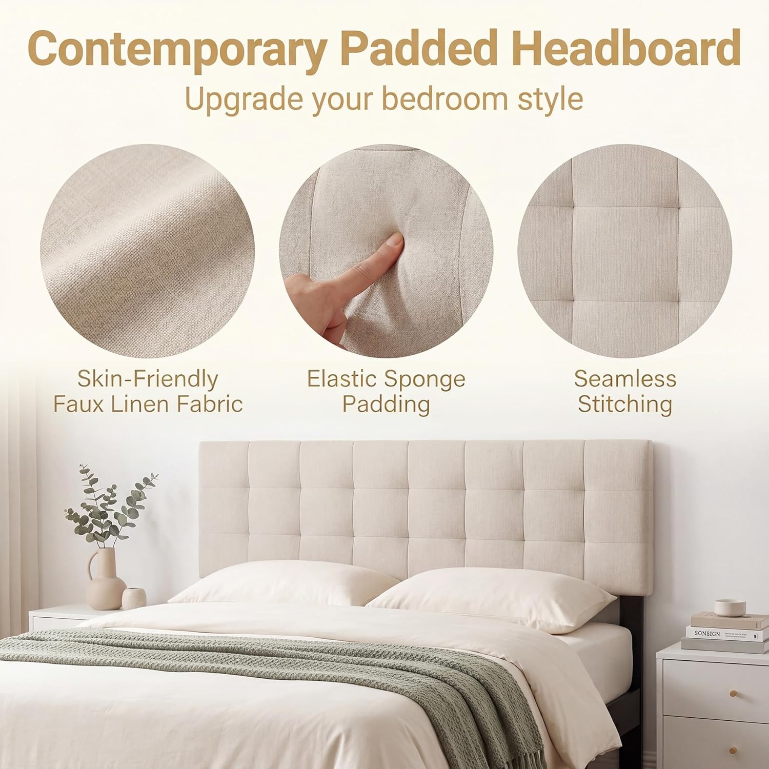 image:imageGiantex Headboard with Charging Station QueenFull Size Tufted Upholstered Head Board w2 AC Outlets USB amp TypeC Ports Rubber Wood Legs Width Adjustable Modern Bed Headboard Only GreyBeige