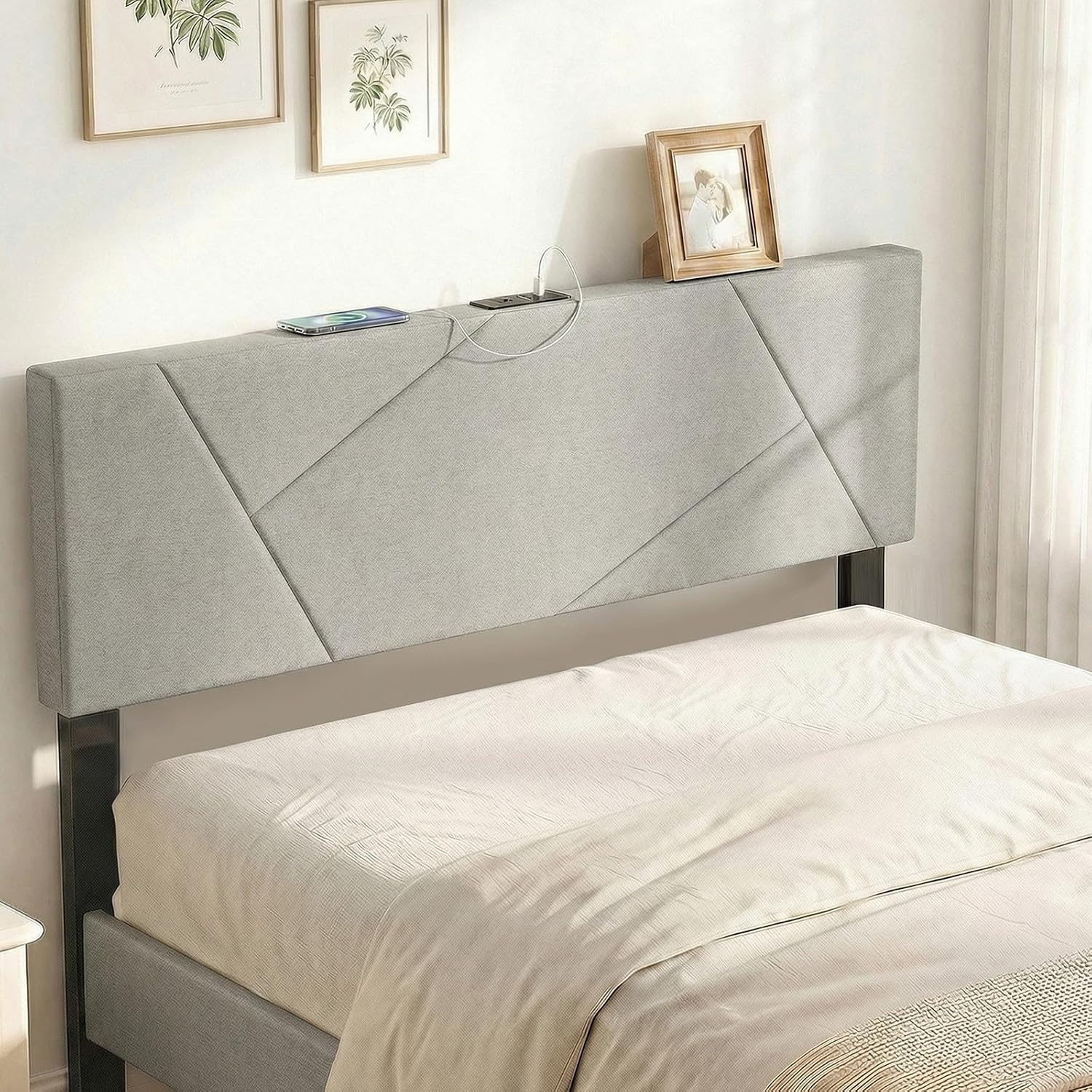 image:imageGiantex Headboard with Charging Station QueenFull Size Tufted Upholstered Head Board w2 AC Outlets USB amp TypeC Ports Rubber Wood Legs Width Adjustable Modern Bed Headboard Only GreyGray
