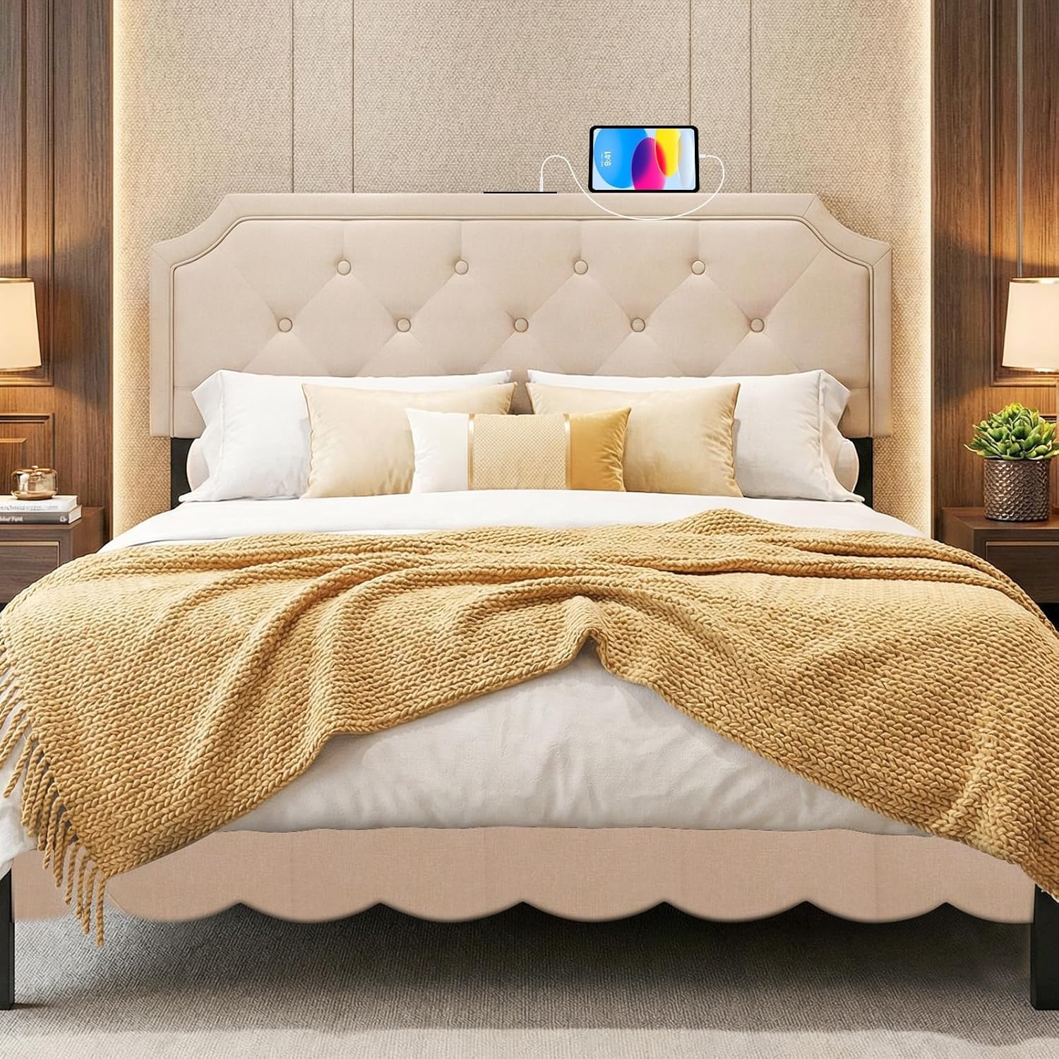 image:imageGiantex Headboard with Charging Station QueenFull Size Tufted Upholstered Head Board w2 AC Outlets USB amp TypeC Ports Rubber Wood Legs Width Adjustable Modern Bed Headboard Only GreyBeige