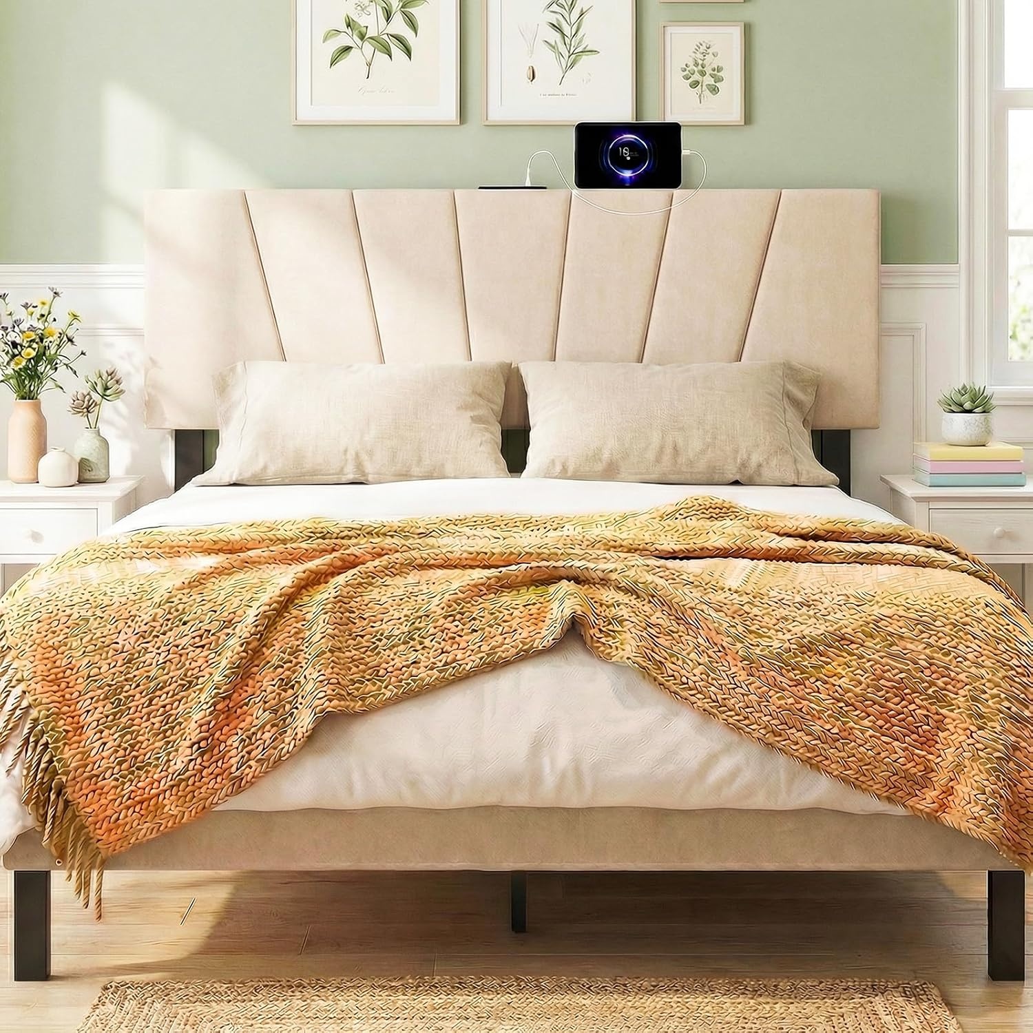 image:imageGiantex Headboard with Charging Station QueenFull Size Tufted Upholstered Head Board w2 AC Outlets USB amp TypeC Ports Rubber Wood Legs Width Adjustable Modern Bed Headboard Only GreyBeige