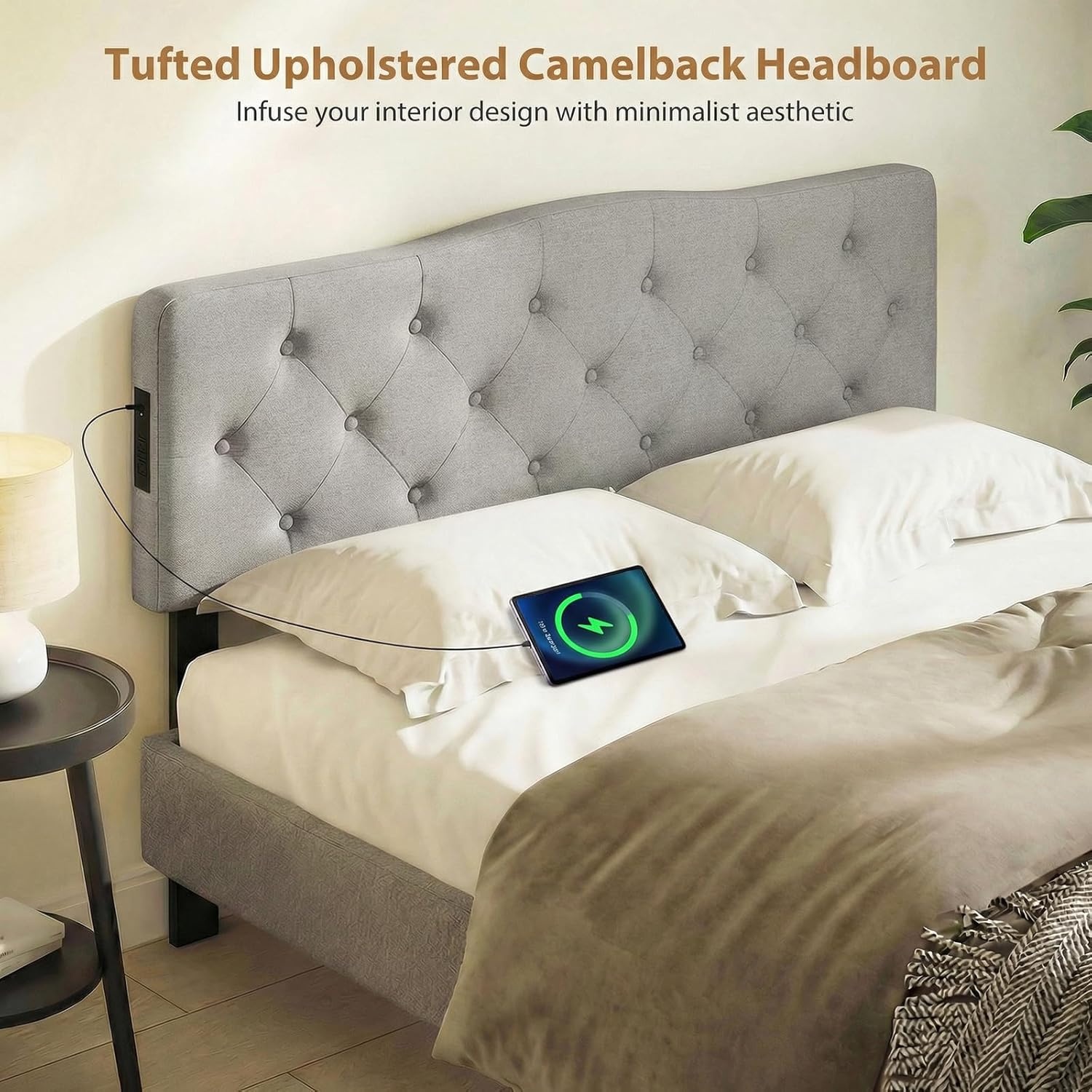 image:imageGiantex Headboard with Charging Station QueenFull Size Tufted Upholstered Head Board w2 AC Outlets USB amp TypeC Ports Rubber Wood Legs Width Adjustable Modern Bed Headboard Only GreyGray