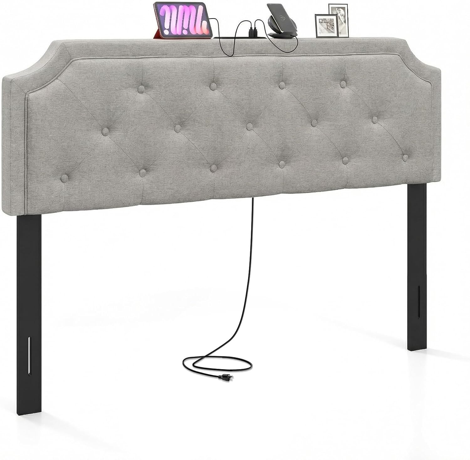 image:imageGiantex Headboard with Charging Station QueenFull Size Tufted Upholstered Head Board w2 AC Outlets USB amp TypeC Ports Rubber Wood Legs Width Adjustable Modern Bed Headboard Only GreyGray