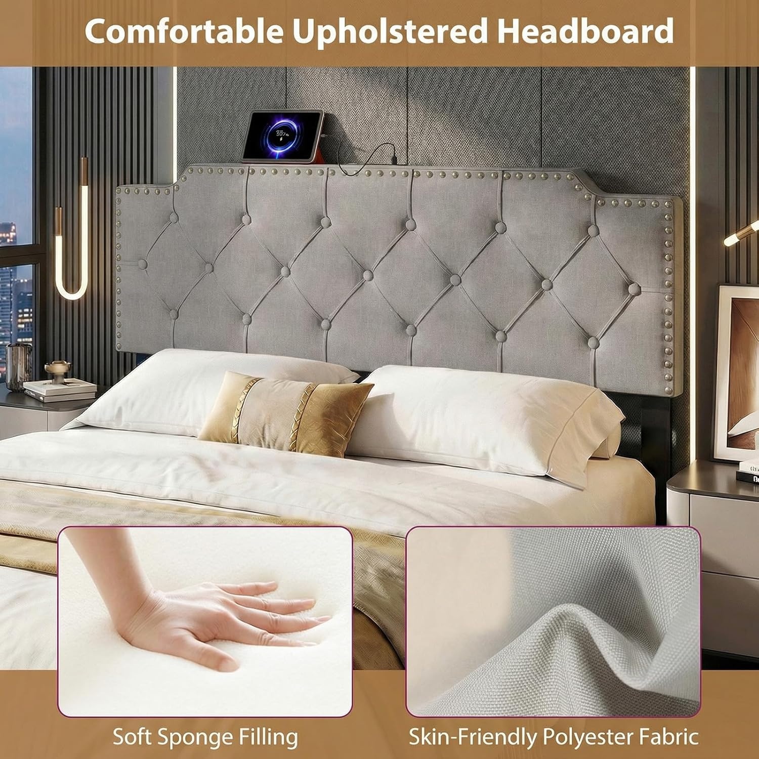 image:imageGiantex Headboard with Charging Station QueenFull Size Tufted Upholstered Head Board w2 AC Outlets USB amp TypeC Ports Rubber Wood Legs Width Adjustable Modern Bed Headboard Only GreyGray