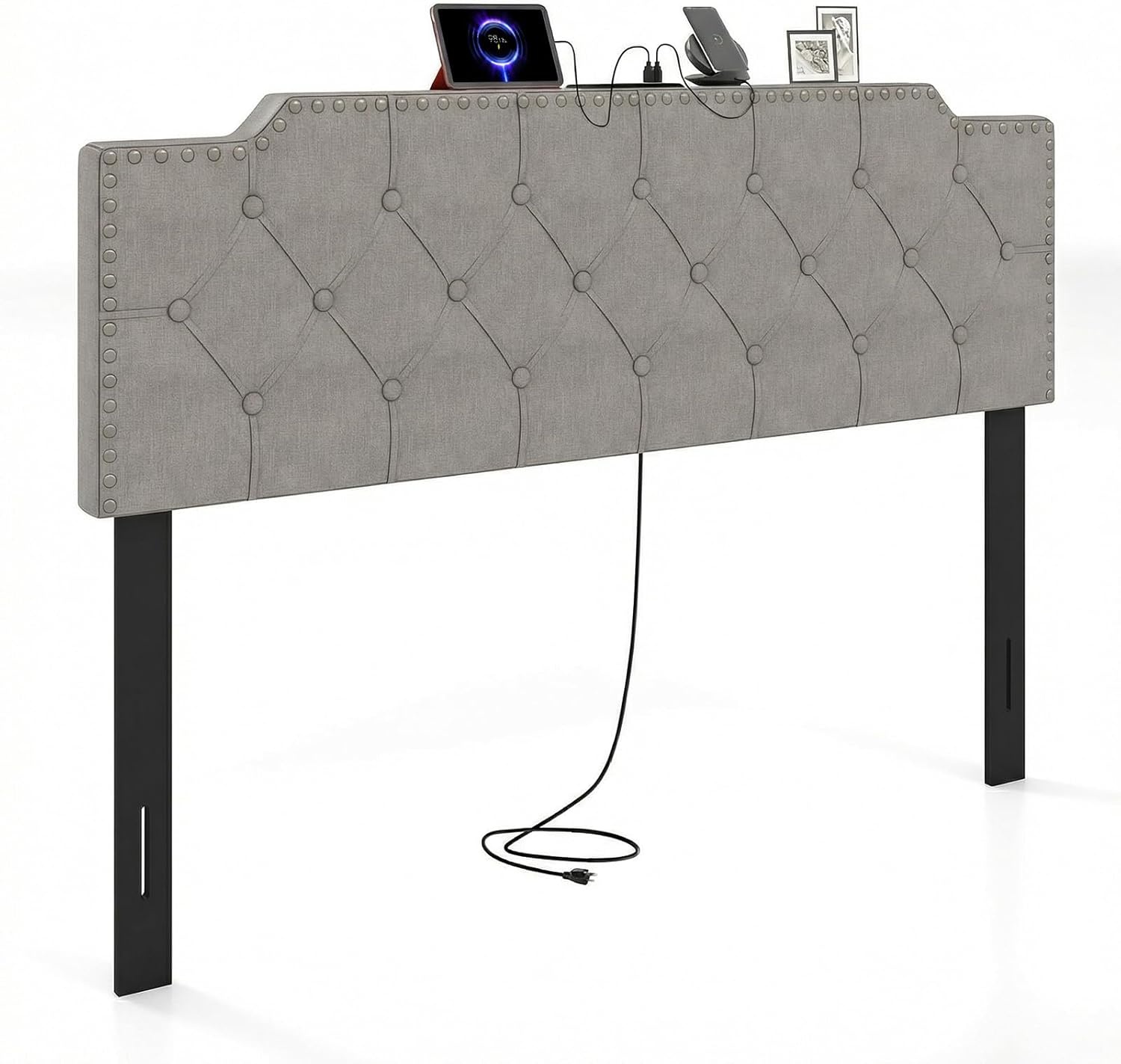image:imageGiantex Headboard with Charging Station QueenFull Size Tufted Upholstered Head Board w2 AC Outlets USB amp TypeC Ports Rubber Wood Legs Width Adjustable Modern Bed Headboard Only GreyGray