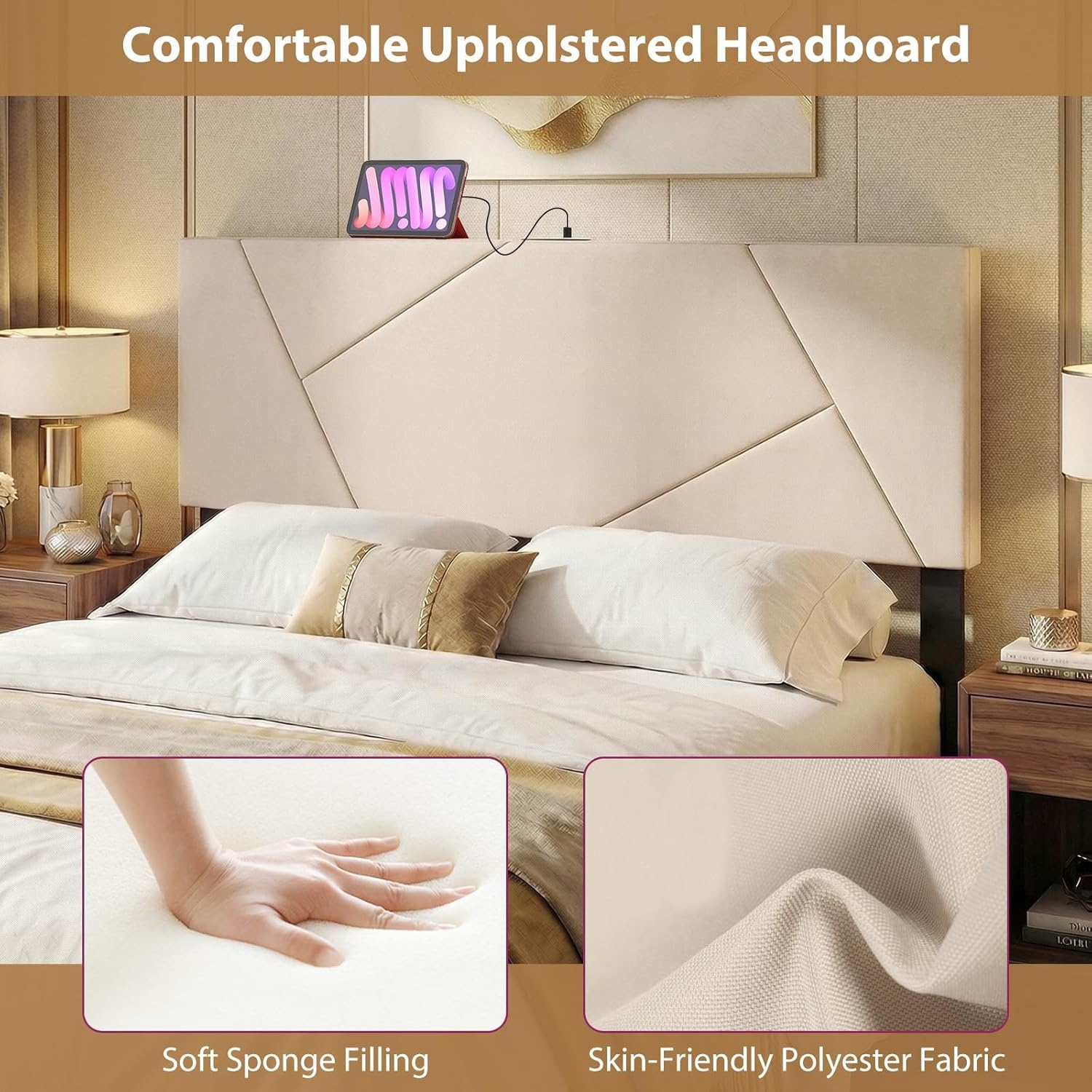 image:imageGiantex Headboard with Charging Station QueenFull Size Tufted Upholstered Head Board w2 AC Outlets USB amp TypeC Ports Rubber Wood Legs Width Adjustable Modern Bed Headboard Only GreyBeige