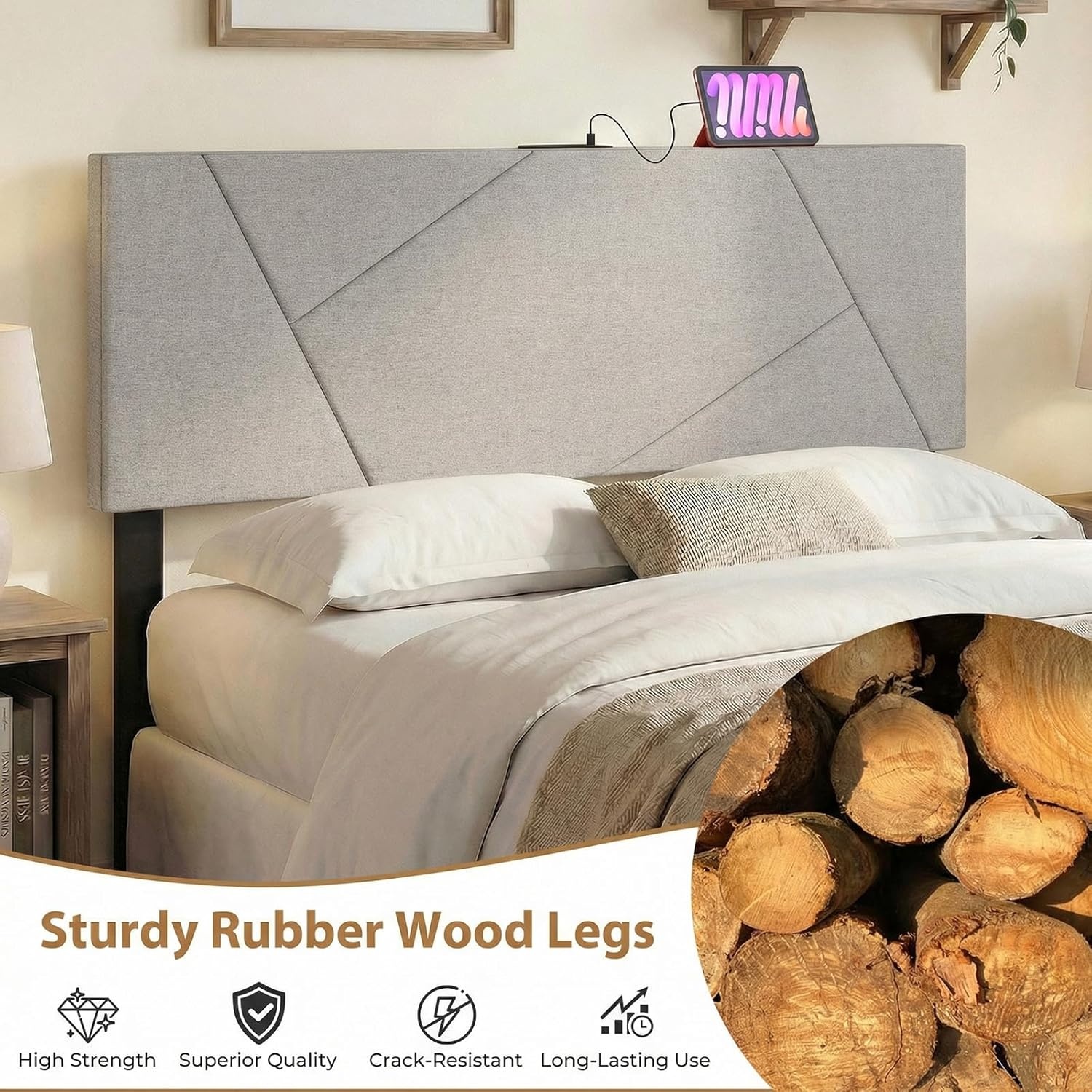 image:imageGiantex Headboard with Charging Station QueenFull Size Tufted Upholstered Head Board w2 AC Outlets USB amp TypeC Ports Rubber Wood Legs Width Adjustable Modern Bed Headboard Only GreyGray