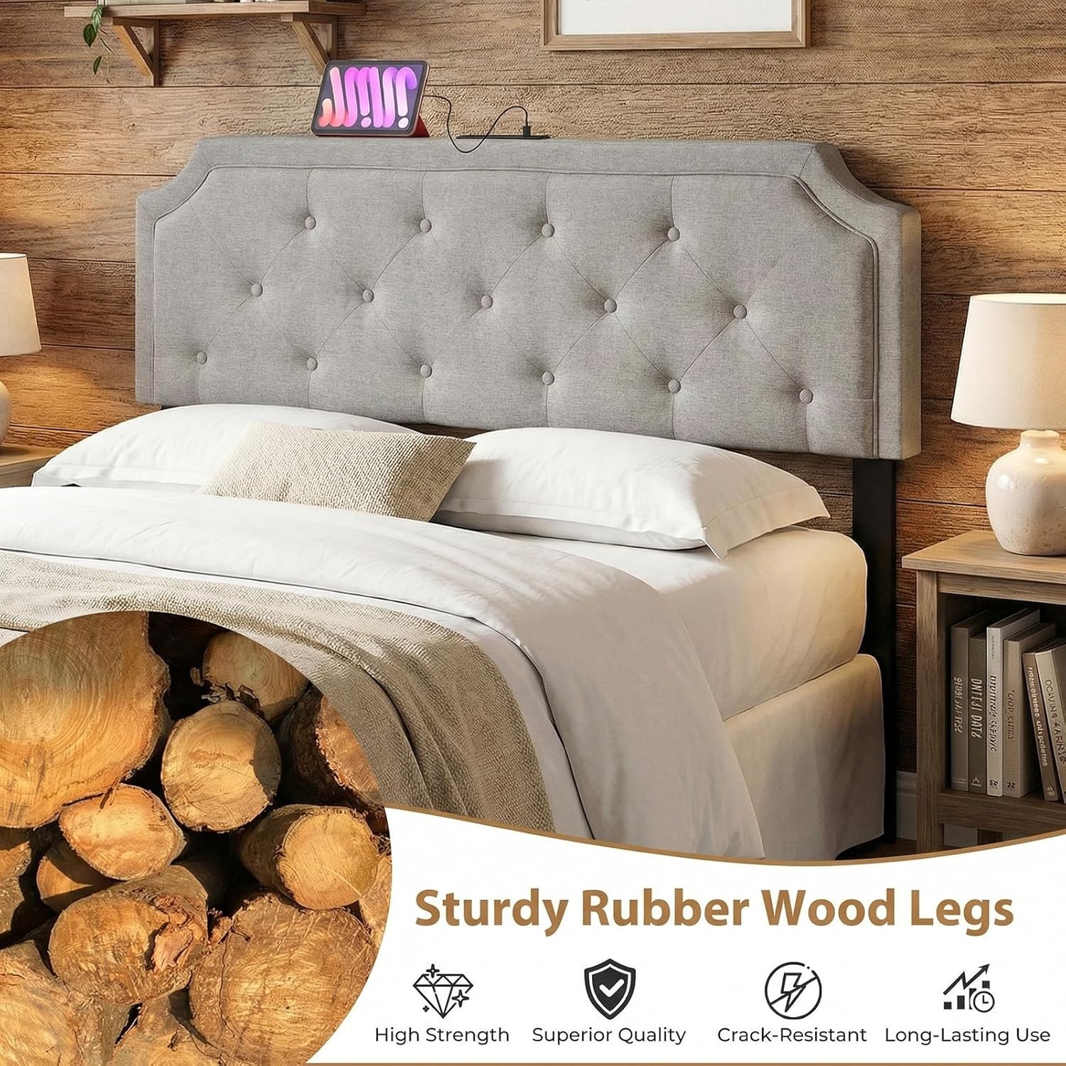 image:imageGiantex Headboard with Charging Station QueenFull Size Tufted Upholstered Head Board w2 AC Outlets USB amp TypeC Ports Rubber Wood Legs Width Adjustable Modern Bed Headboard Only GreyGray