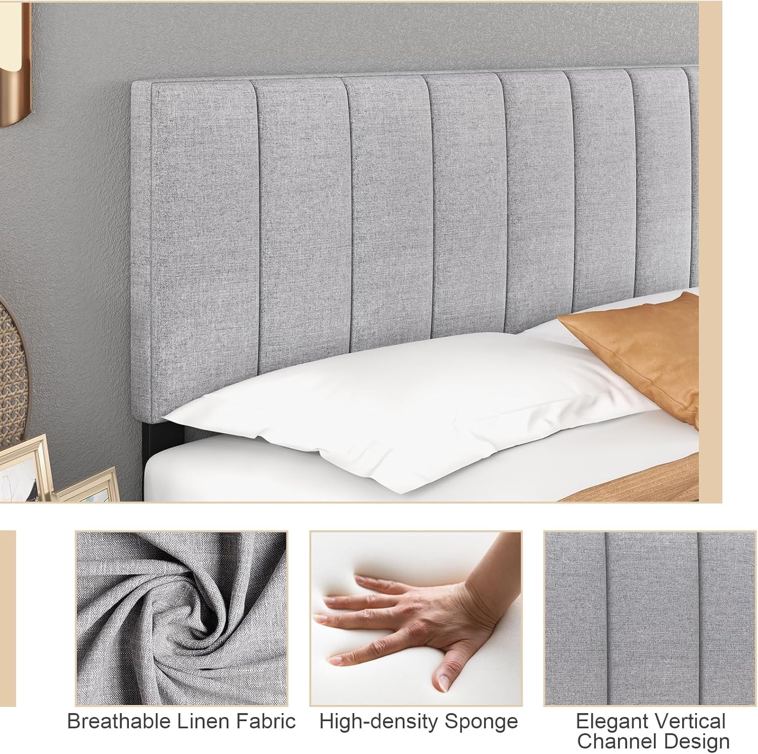 image:imageGiantex Headboard with Charging Station QueenFull Size Tufted Upholstered Head Board w2 AC Outlets USB amp TypeC Ports Rubber Wood Legs Width Adjustable Modern Bed Headboard Only GreyGray