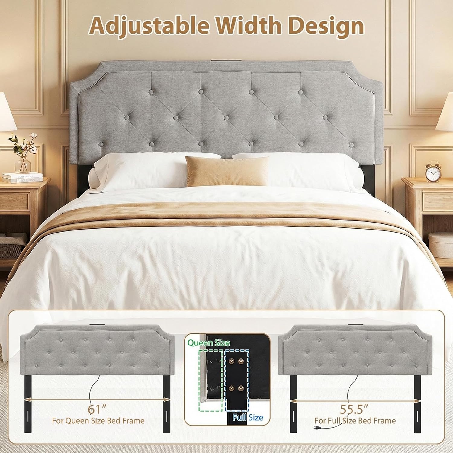 image:imageGiantex Headboard with Charging Station QueenFull Size Tufted Upholstered Head Board w2 AC Outlets USB amp TypeC Ports Rubber Wood Legs Width Adjustable Modern Bed Headboard Only GreyGray