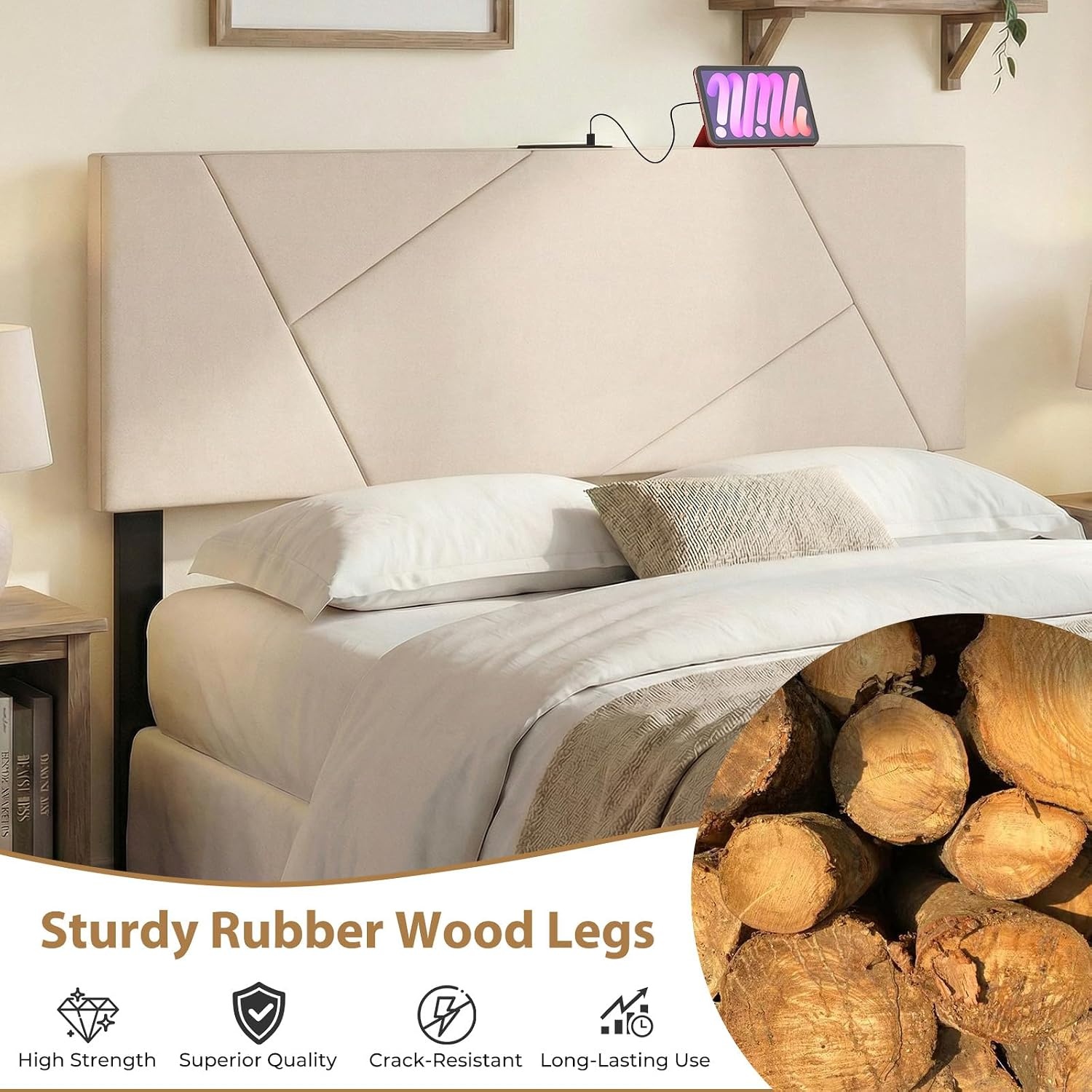 image:imageGiantex Headboard with Charging Station QueenFull Size Tufted Upholstered Head Board w2 AC Outlets USB amp TypeC Ports Rubber Wood Legs Width Adjustable Modern Bed Headboard Only GreyBeige
