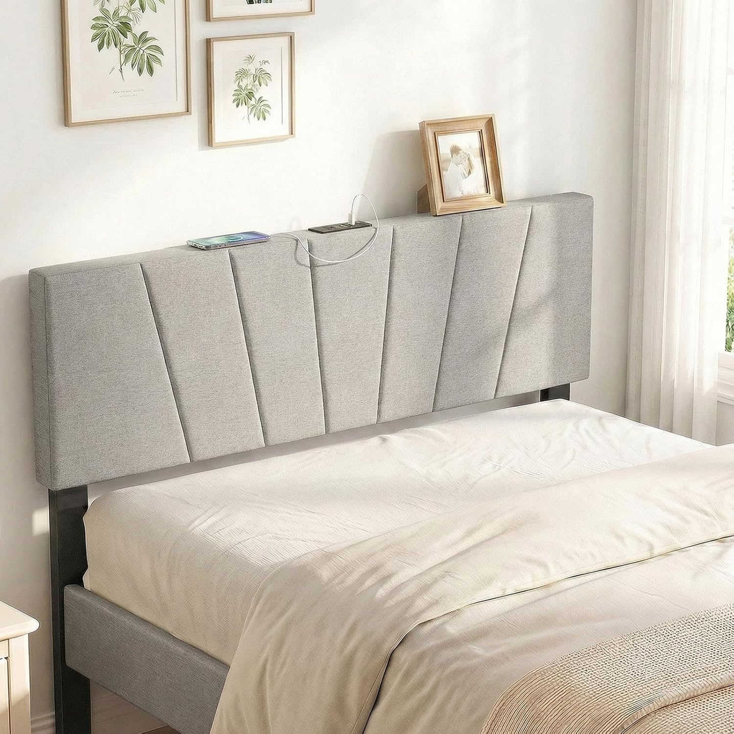 image:imageGiantex Headboard with Charging Station QueenFull Size Tufted Upholstered Head Board w2 AC Outlets USB amp TypeC Ports Rubber Wood Legs Width Adjustable Modern Bed Headboard Only GreyGray