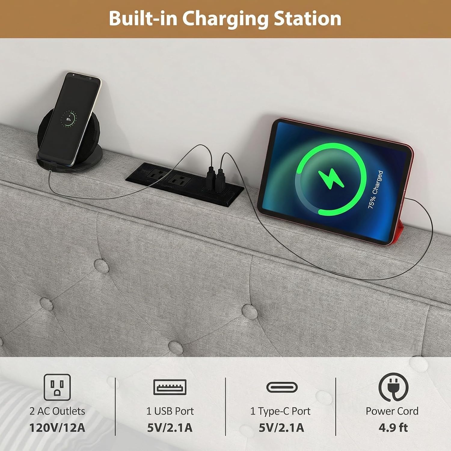 image:imageGiantex Headboard with Charging Station QueenFull Size Tufted Upholstered Head Board w2 AC Outlets USB amp TypeC Ports Rubber Wood Legs Width Adjustable Modern Bed Headboard Only GreyGray