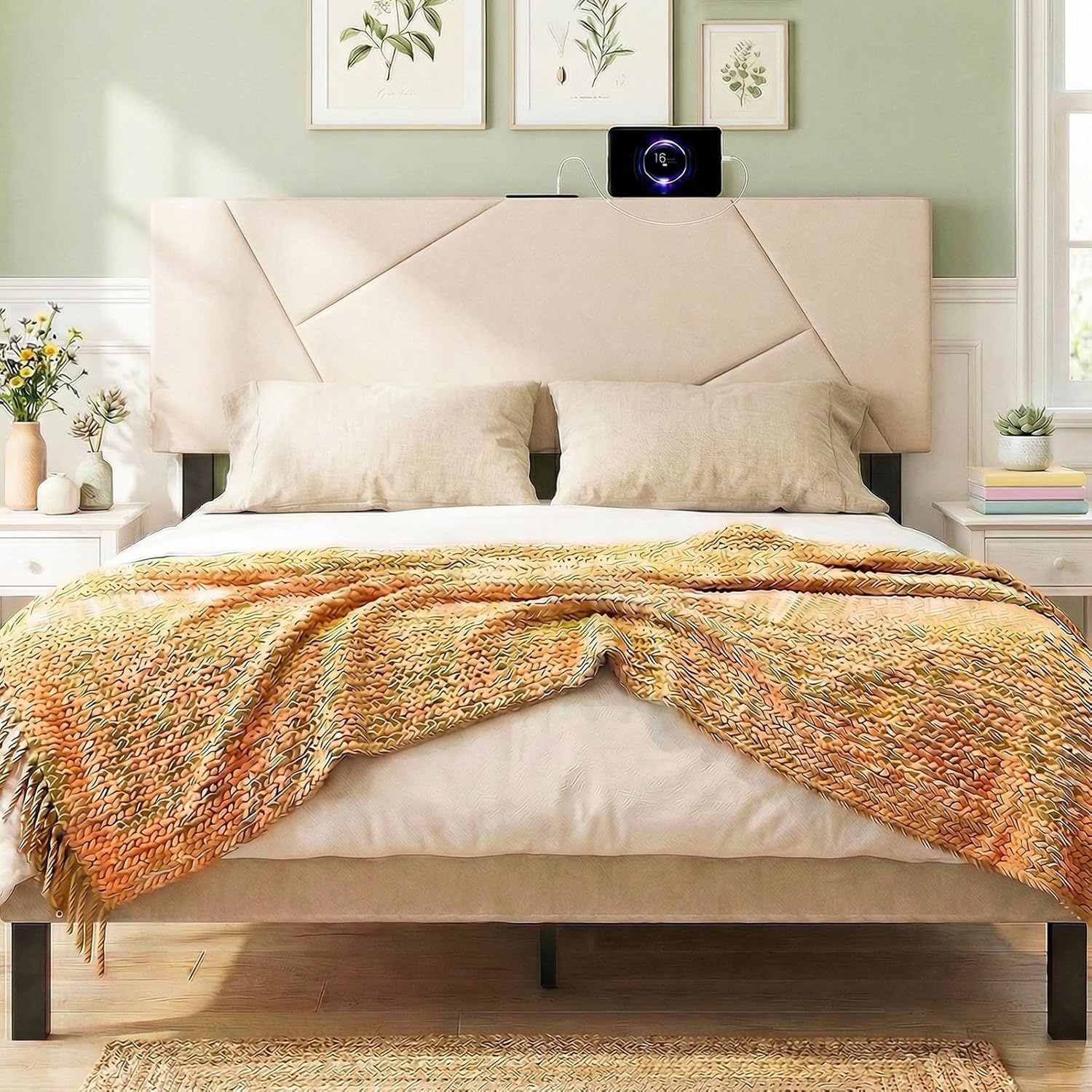 image:imageGiantex Headboard with Charging Station QueenFull Size Tufted Upholstered Head Board w2 AC Outlets USB amp TypeC Ports Rubber Wood Legs Width Adjustable Modern Bed Headboard Only GreyBeige