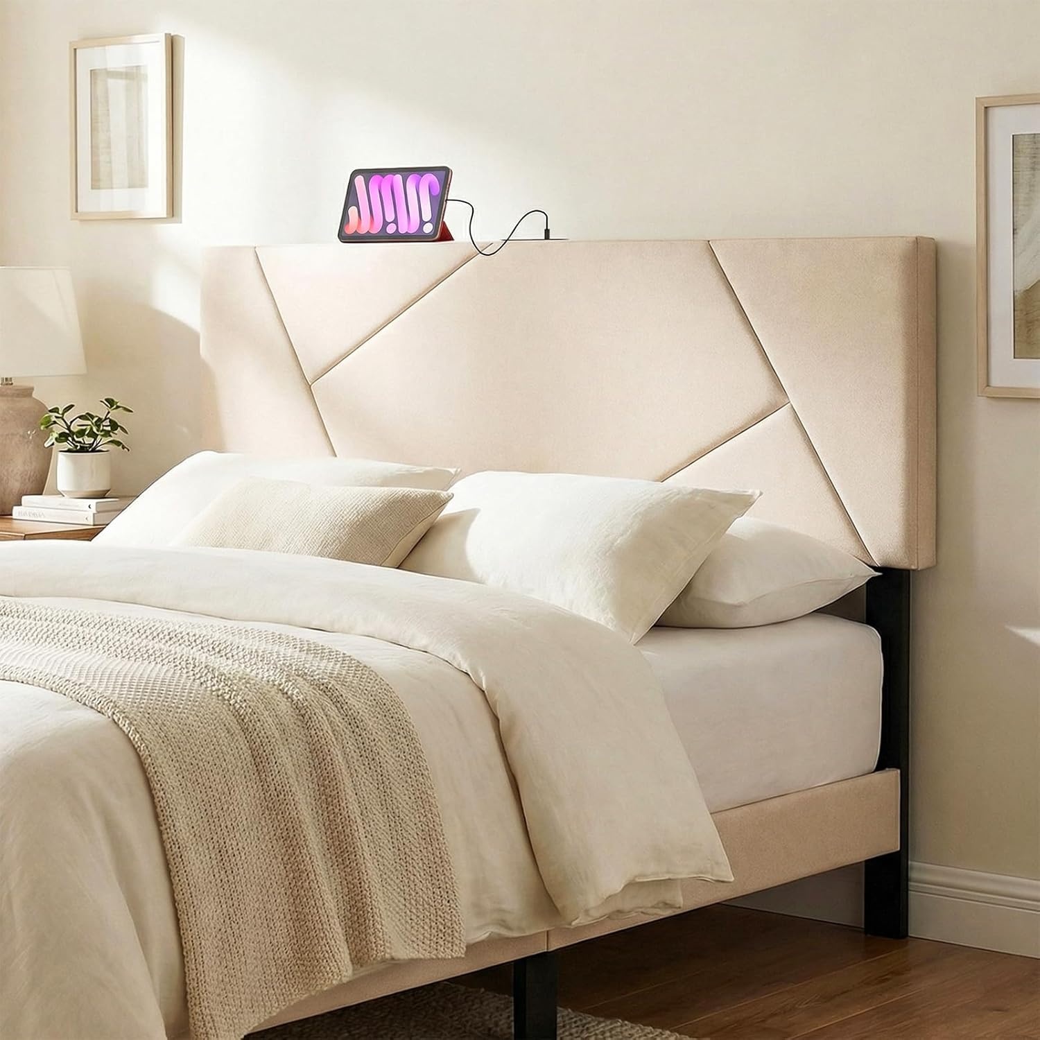 image:imageGiantex Headboard with Charging Station QueenFull Size Tufted Upholstered Head Board w2 AC Outlets USB amp TypeC Ports Rubber Wood Legs Width Adjustable Modern Bed Headboard Only GreyBeige