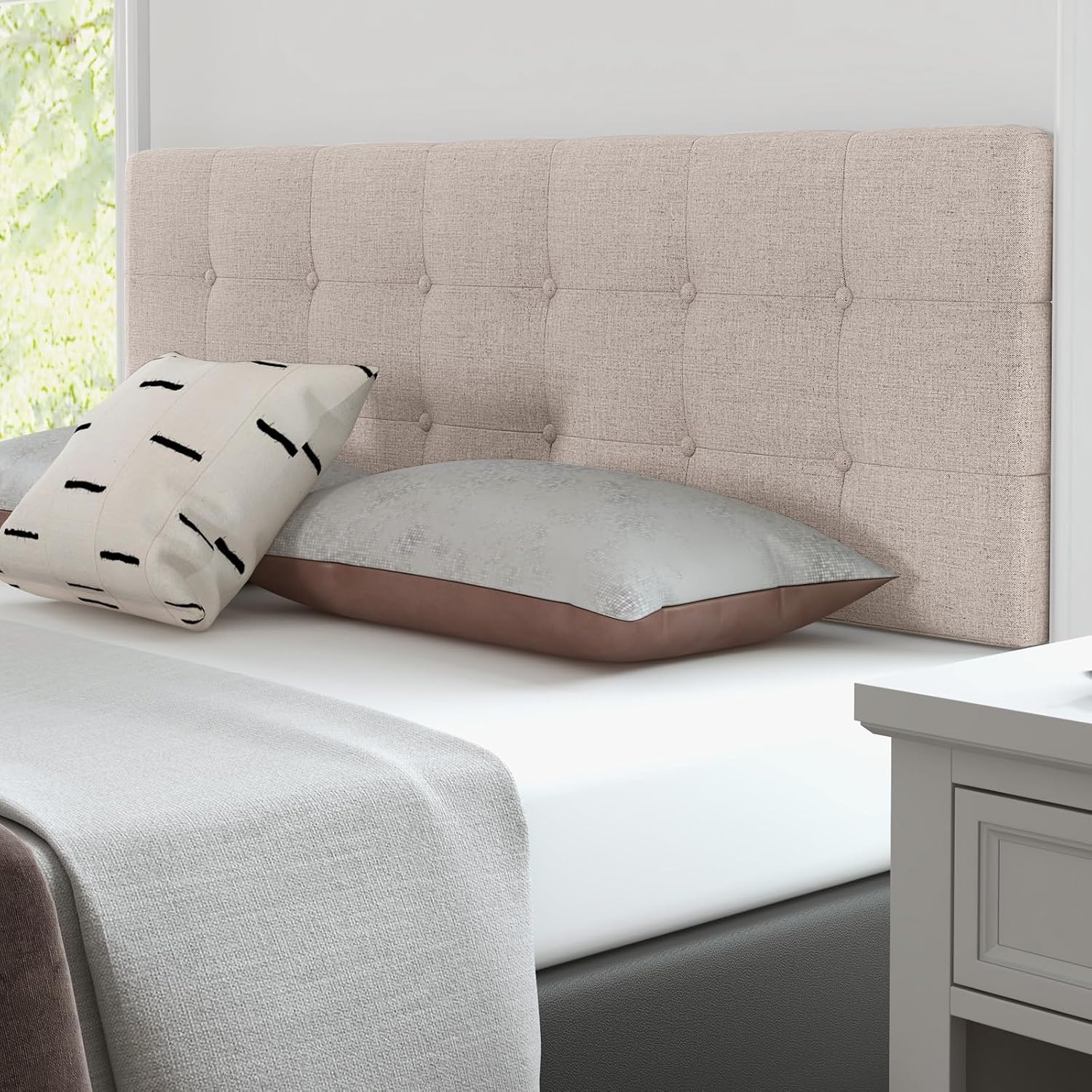 image:imageGiantex Headboard with Charging Station QueenFull Size Tufted Upholstered Head Board w2 AC Outlets USB amp TypeC Ports Rubber Wood Legs Width Adjustable Modern Bed Headboard Only GreyBeige
