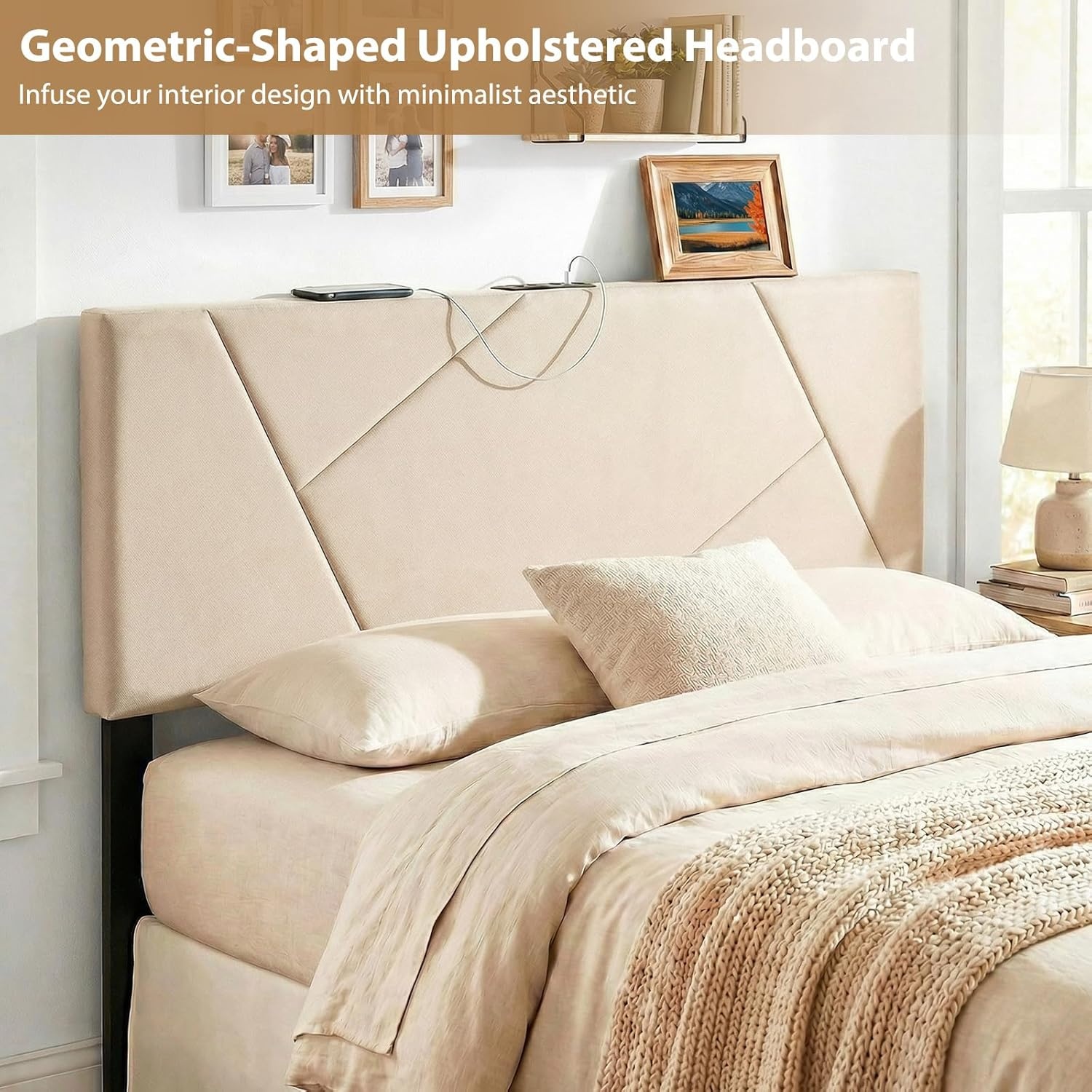image:imageGiantex Headboard with Charging Station QueenFull Size Tufted Upholstered Head Board w2 AC Outlets USB amp TypeC Ports Rubber Wood Legs Width Adjustable Modern Bed Headboard Only GreyBeige