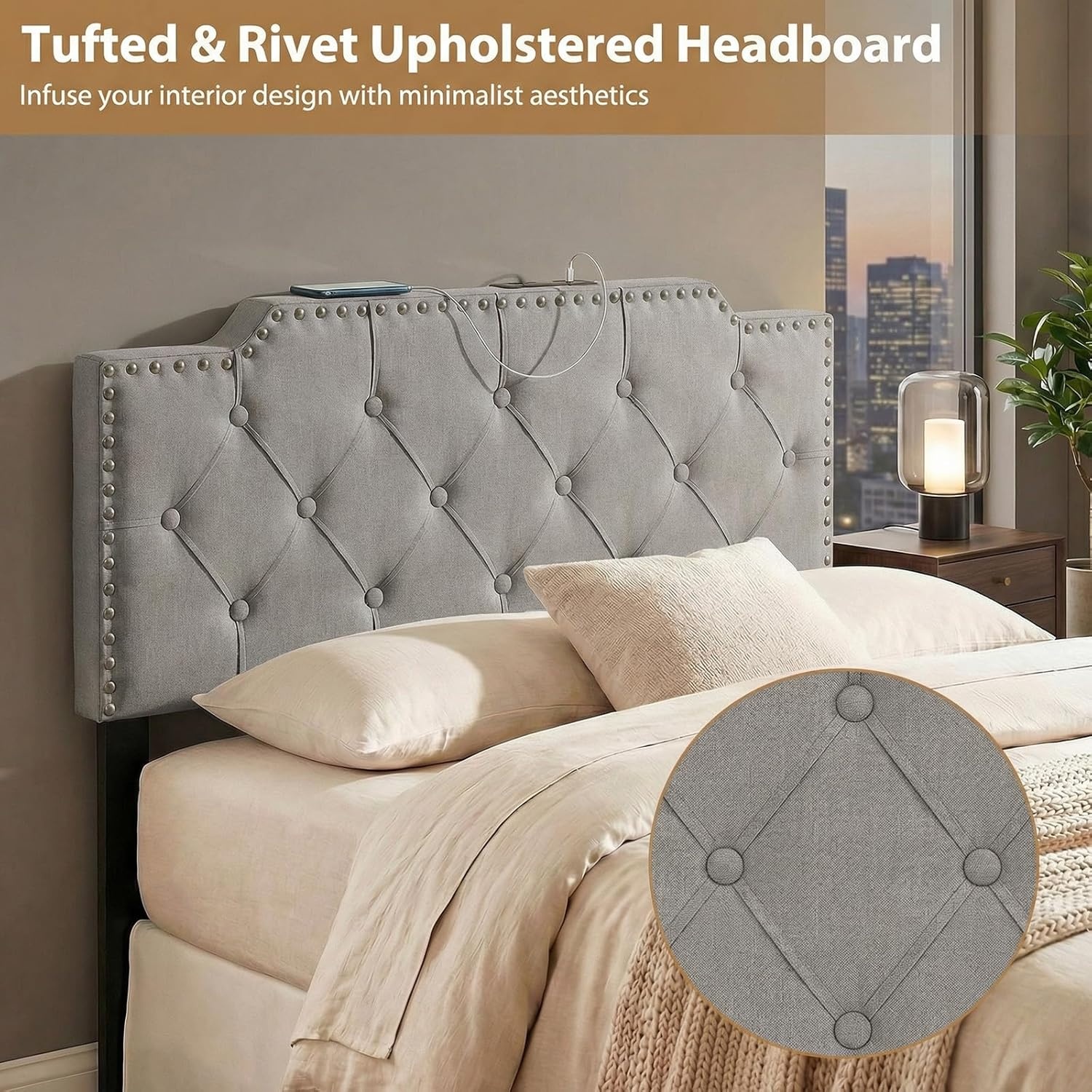 image:imageGiantex Headboard with Charging Station QueenFull Size Tufted Upholstered Head Board w2 AC Outlets USB amp TypeC Ports Rubber Wood Legs Width Adjustable Modern Bed Headboard Only GreyGray