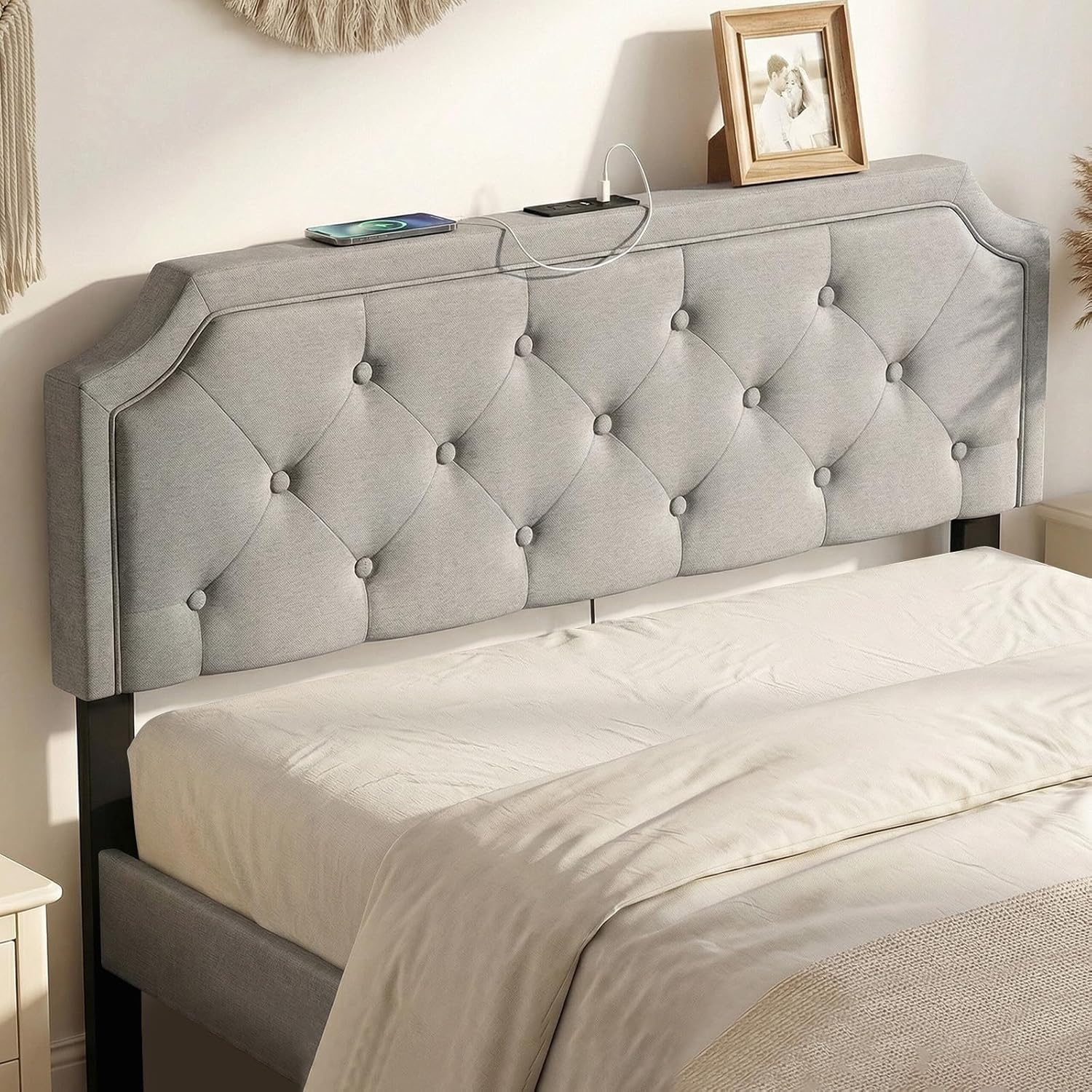 image:imageGiantex Headboard with Charging Station QueenFull Size Tufted Upholstered Head Board w2 AC Outlets USB amp TypeC Ports Rubber Wood Legs Width Adjustable Modern Bed Headboard Only GreyGray