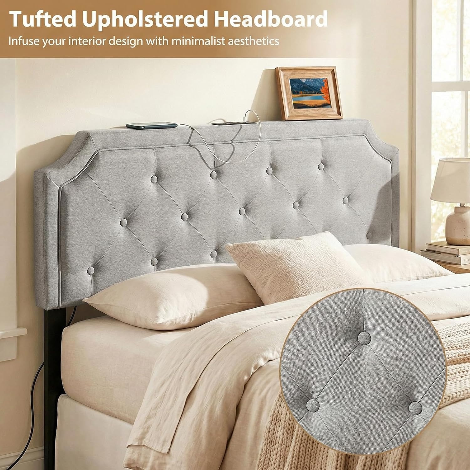 image:imageGiantex Headboard with Charging Station QueenFull Size Tufted Upholstered Head Board w2 AC Outlets USB amp TypeC Ports Rubber Wood Legs Width Adjustable Modern Bed Headboard Only GreyGray
