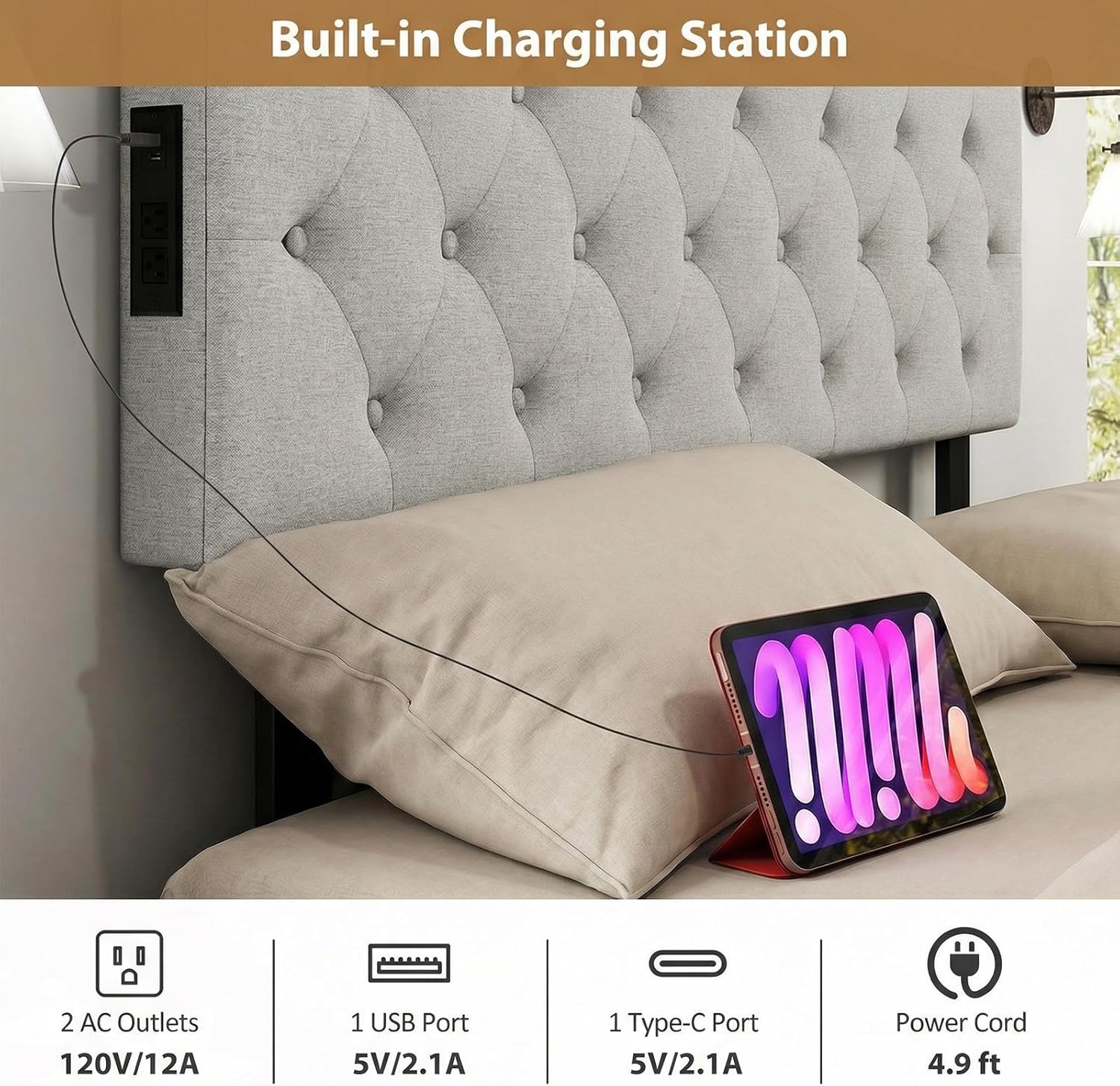image:imageGiantex Headboard with Charging Station QueenFull Size Tufted Upholstered Head Board w2 AC Outlets USB amp TypeC Ports Rubber Wood Legs Width Adjustable Modern Bed Headboard Only GreyGray