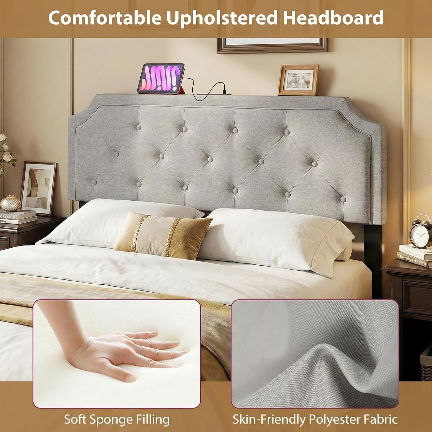 image:imageGiantex Headboard with Charging Station QueenFull Size Tufted Upholstered Head Board w2 AC Outlets USB amp TypeC Ports Rubber Wood Legs Width Adjustable Modern Bed Headboard Only GreyGray