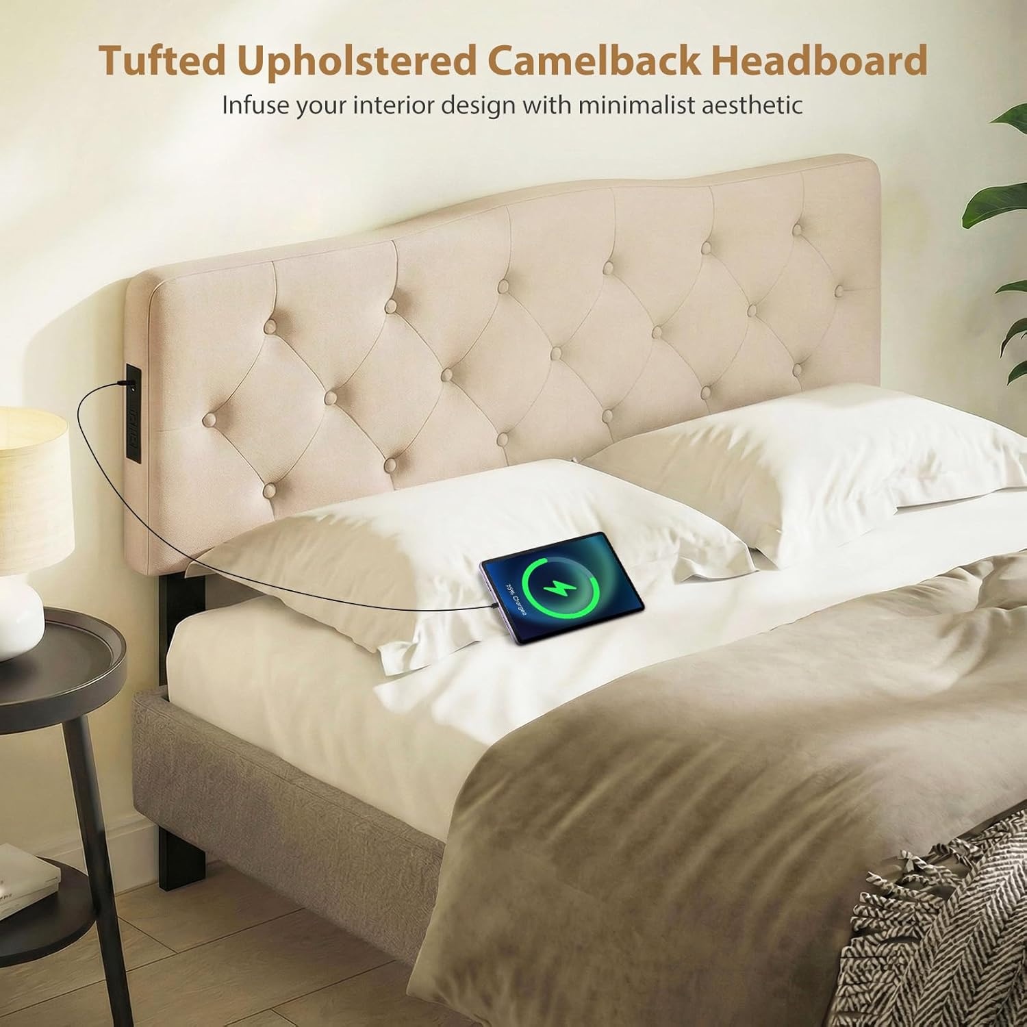 image:imageGiantex Headboard with Charging Station QueenFull Size Tufted Upholstered Head Board w2 AC Outlets USB amp TypeC Ports Rubber Wood Legs Width Adjustable Modern Bed Headboard Only GreyBeige