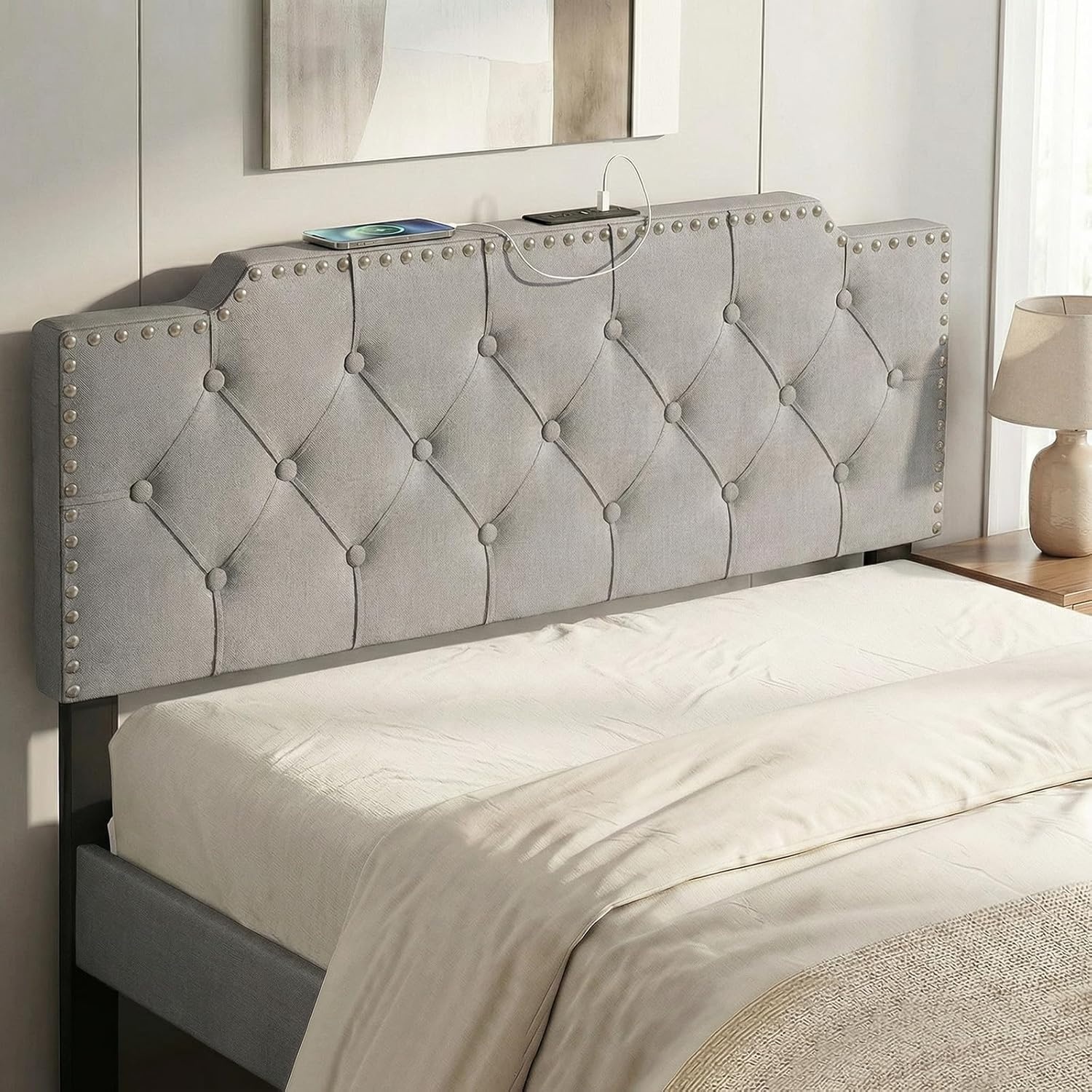 image:imageGiantex Headboard with Charging Station QueenFull Size Tufted Upholstered Head Board w2 AC Outlets USB amp TypeC Ports Rubber Wood Legs Width Adjustable Modern Bed Headboard Only GreyGray