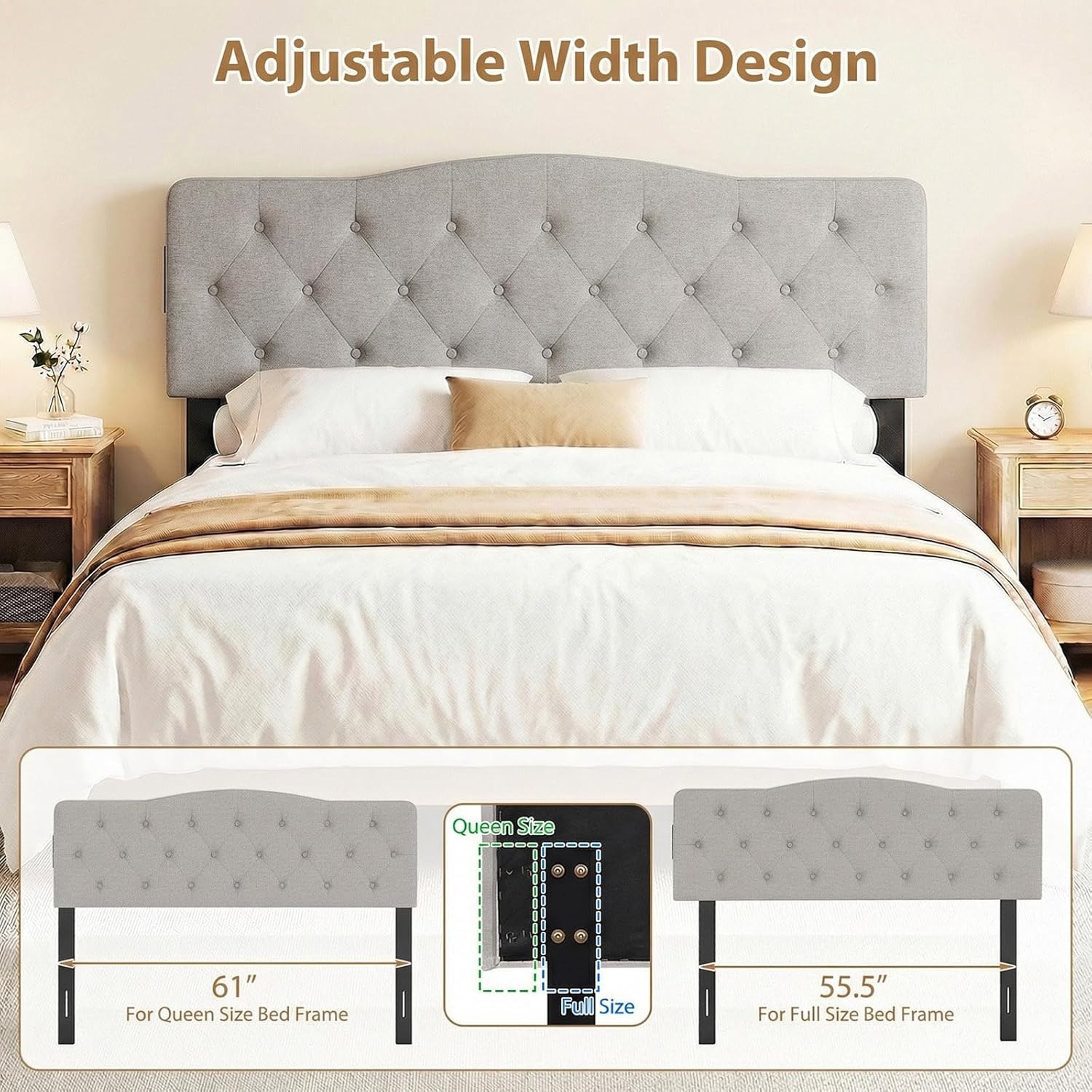 image:imageGiantex Headboard with Charging Station QueenFull Size Tufted Upholstered Head Board w2 AC Outlets USB amp TypeC Ports Rubber Wood Legs Width Adjustable Modern Bed Headboard Only GreyGray