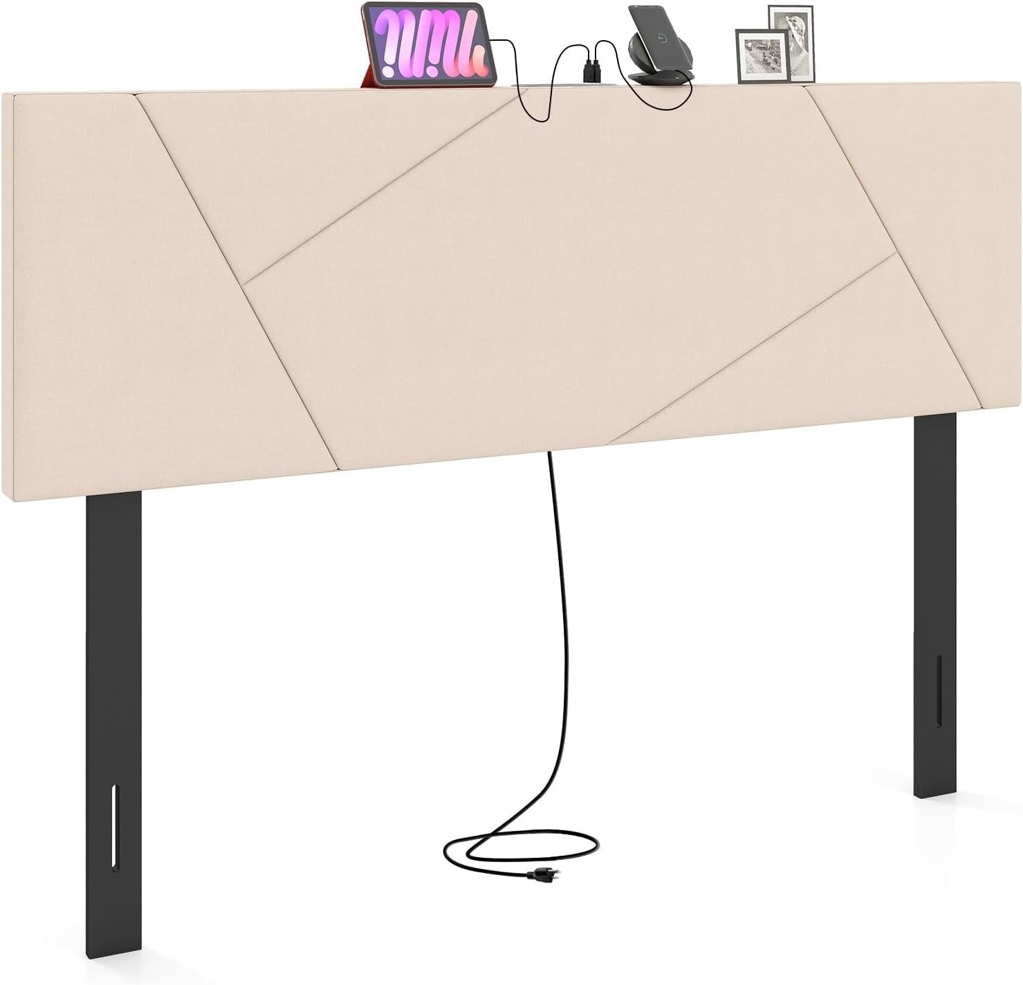 image:imageGiantex Headboard with Charging Station QueenFull Size Tufted Upholstered Head Board w2 AC Outlets USB amp TypeC Ports Rubber Wood Legs Width Adjustable Modern Bed Headboard Only GreyBeige