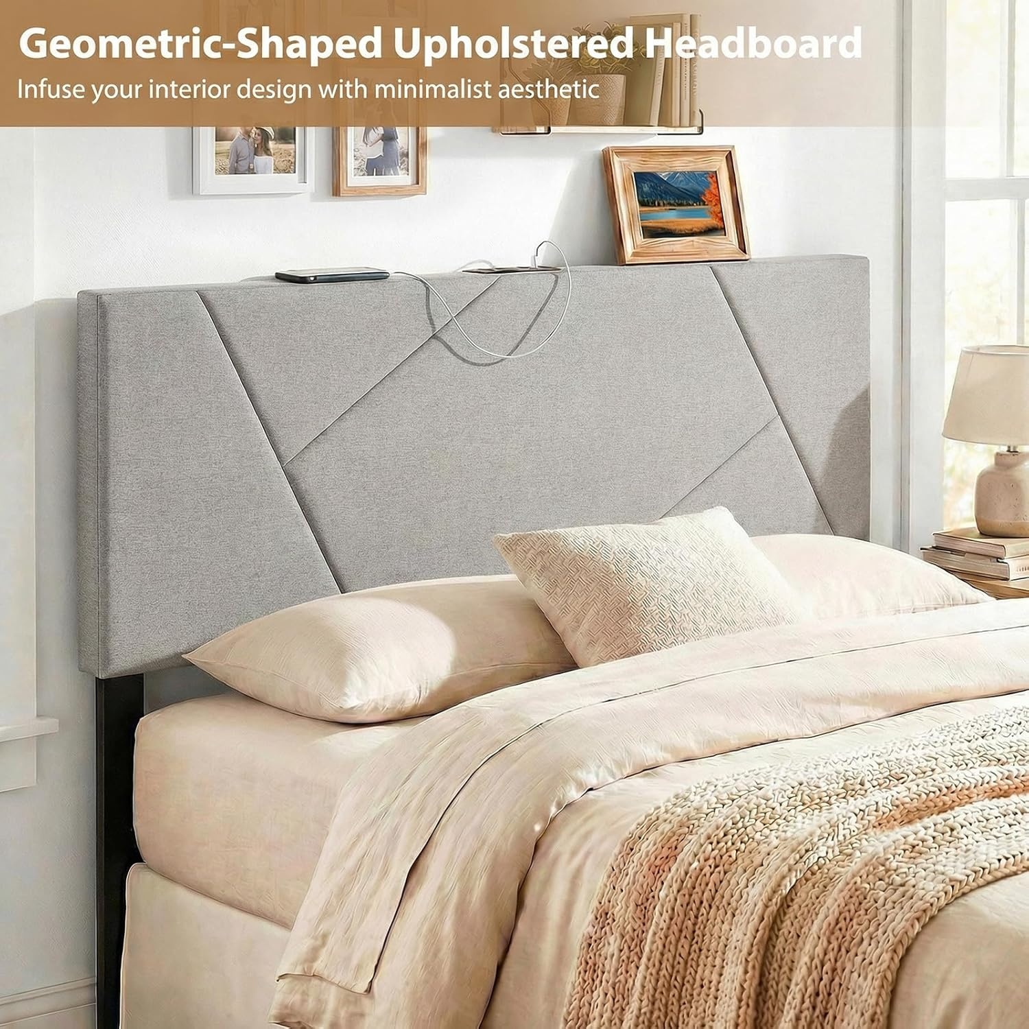 image:imageGiantex Headboard with Charging Station QueenFull Size Tufted Upholstered Head Board w2 AC Outlets USB amp TypeC Ports Rubber Wood Legs Width Adjustable Modern Bed Headboard Only GreyGray