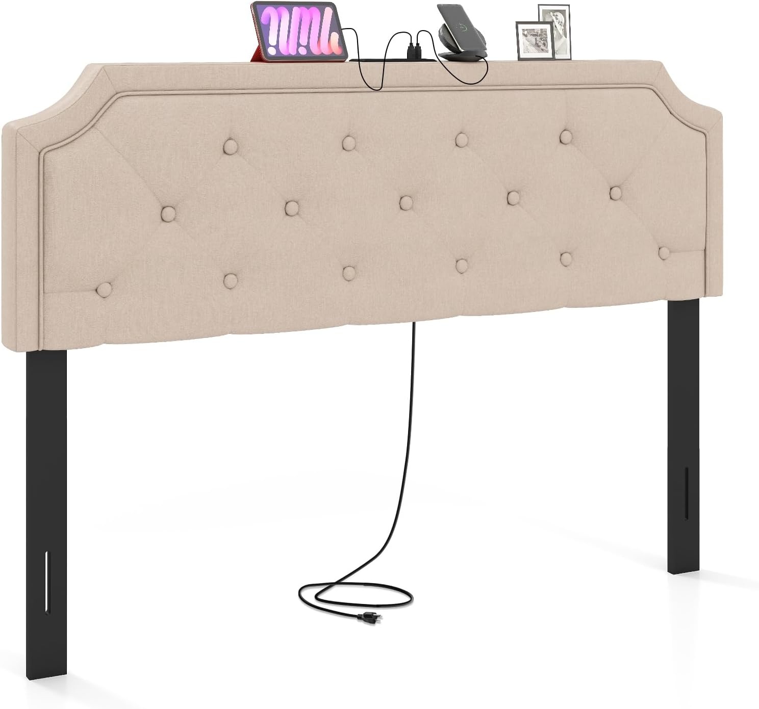 image:imageGiantex Headboard with Charging Station QueenFull Size Tufted Upholstered Head Board w2 AC Outlets USB amp TypeC Ports Rubber Wood Legs Width Adjustable Modern Bed Headboard Only GreyBeige