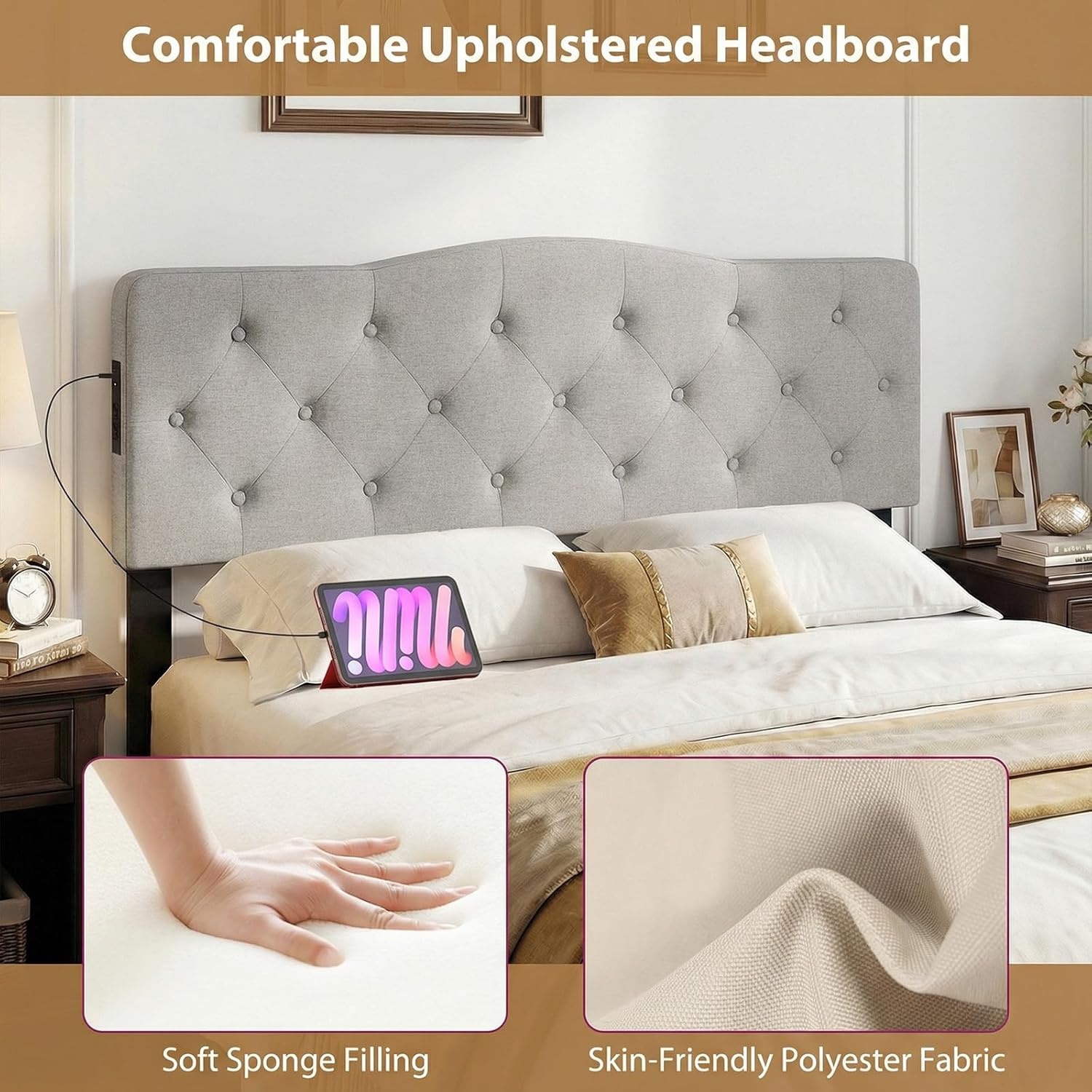 image:imageGiantex Headboard with Charging Station QueenFull Size Tufted Upholstered Head Board w2 AC Outlets USB amp TypeC Ports Rubber Wood Legs Width Adjustable Modern Bed Headboard Only GreyGray