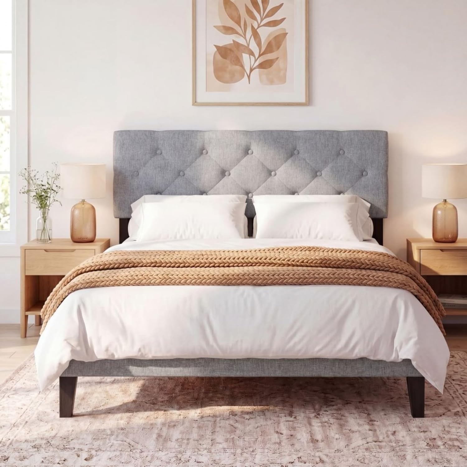 image:imageGiantex Headboard with Charging Station QueenFull Size Tufted Upholstered Head Board w2 AC Outlets USB amp TypeC Ports Rubber Wood Legs Width Adjustable Modern Bed Headboard Only GreyGray